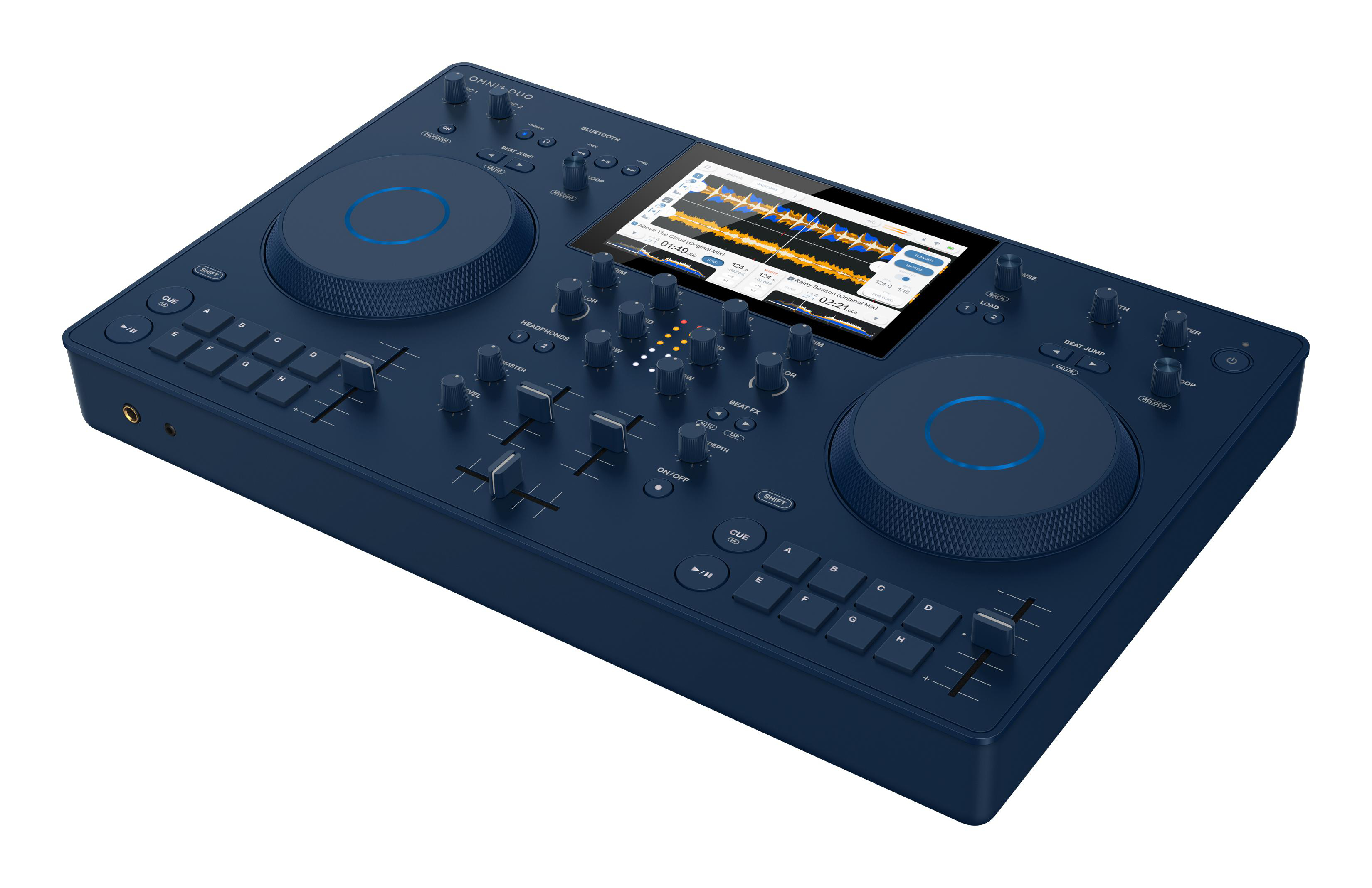 DJ-Controller, dunkelblau. Knöpfe, Tasten und zwei kreisförmige Decks. Weißer Hintergrund.