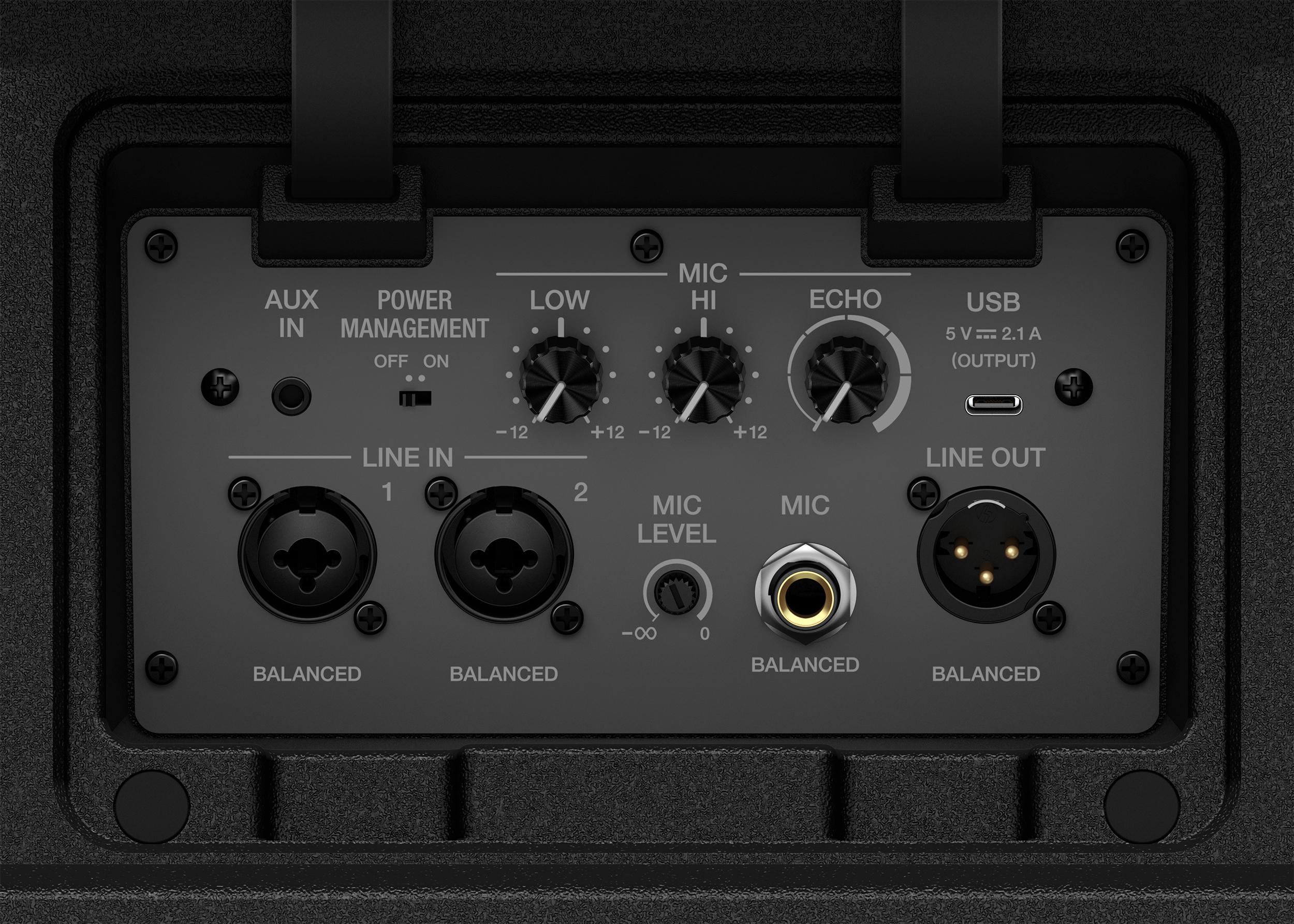 Rückseite von Audiogeräten mit verschiedenen Knöpfen, Eingängen und Ausgängen. USB- und Line-In-/Out-Anschlüsse sichtbar.