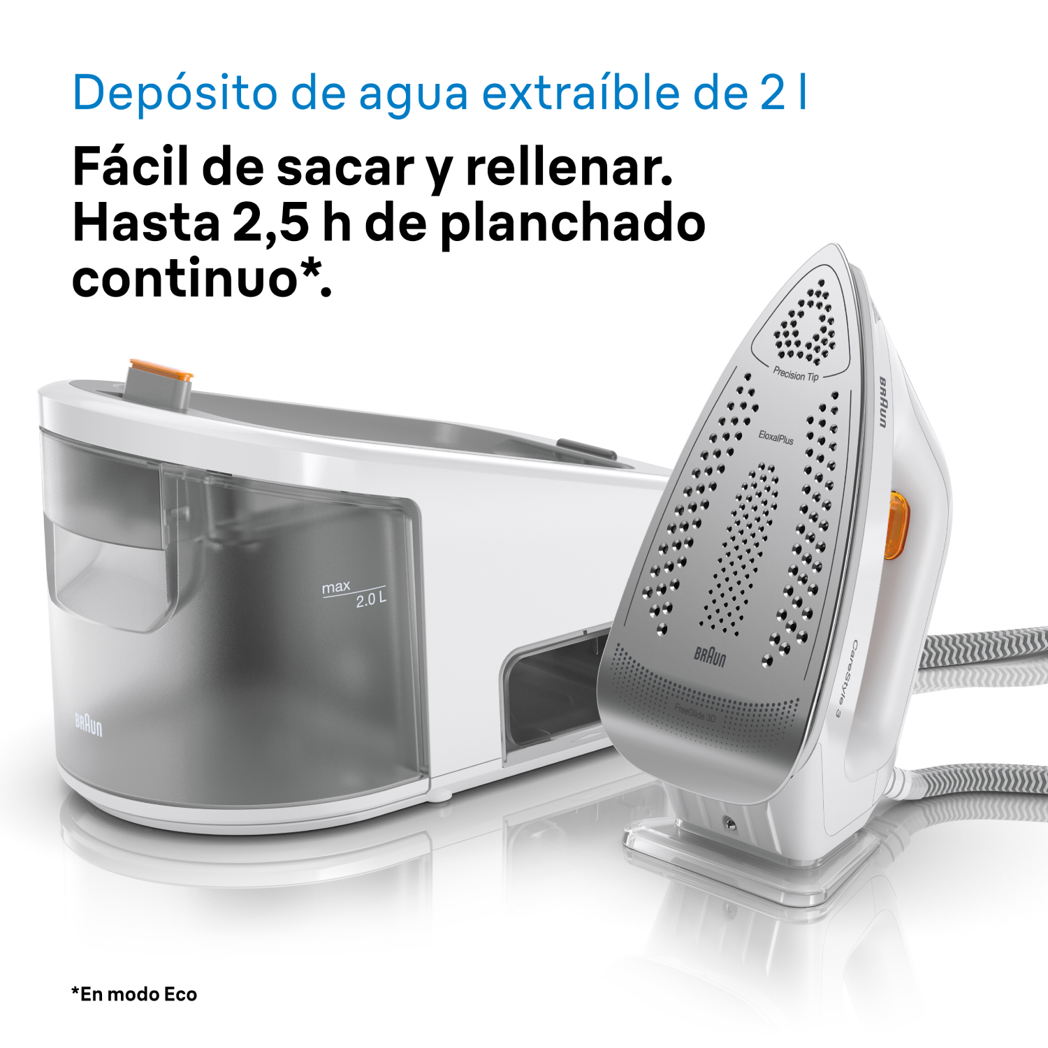 Plancha blanca y gris con depósito de agua. Texto en español.