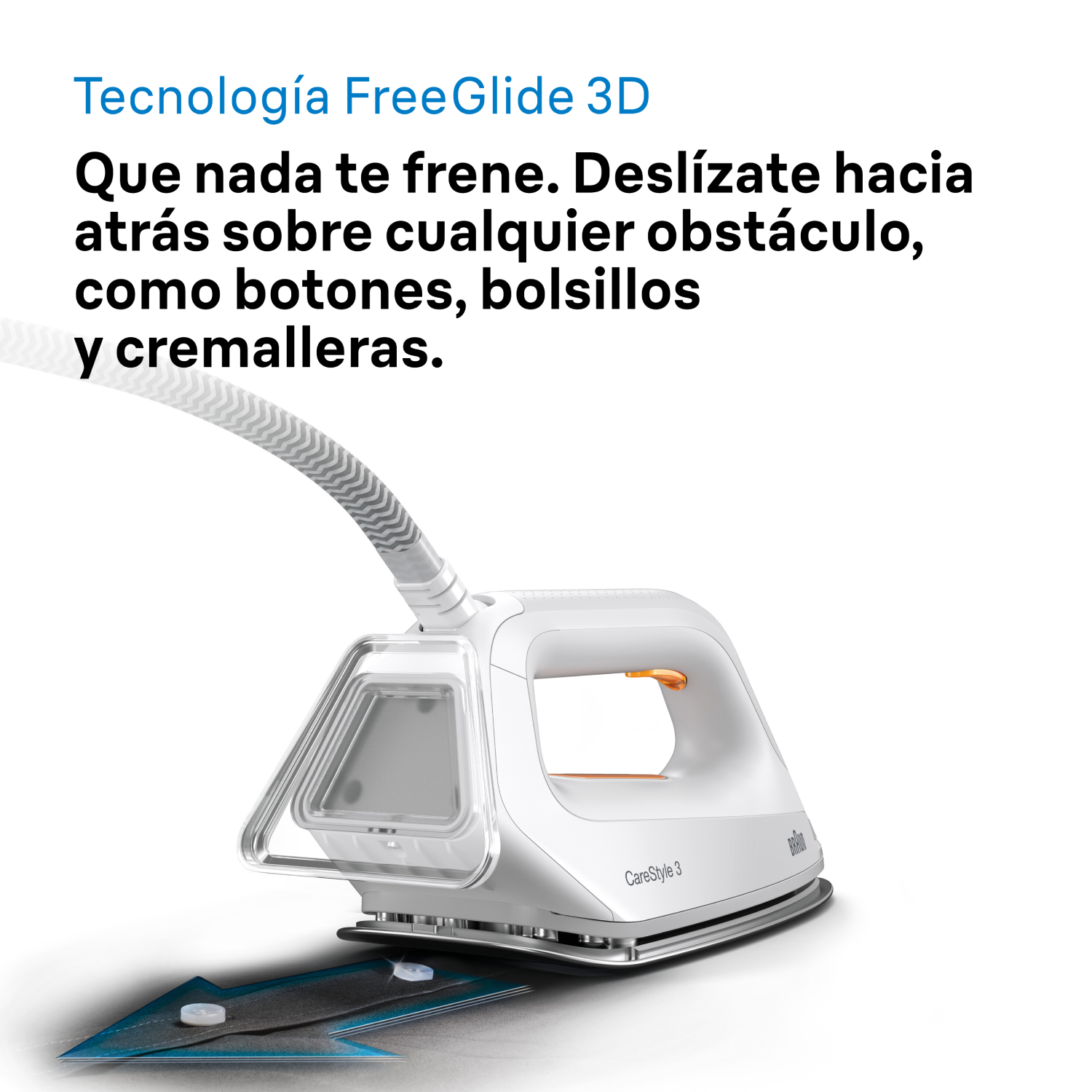 Una plancha blanca con asa y depósito de agua transparente, con texto sobre la tecnología FreeGlide.