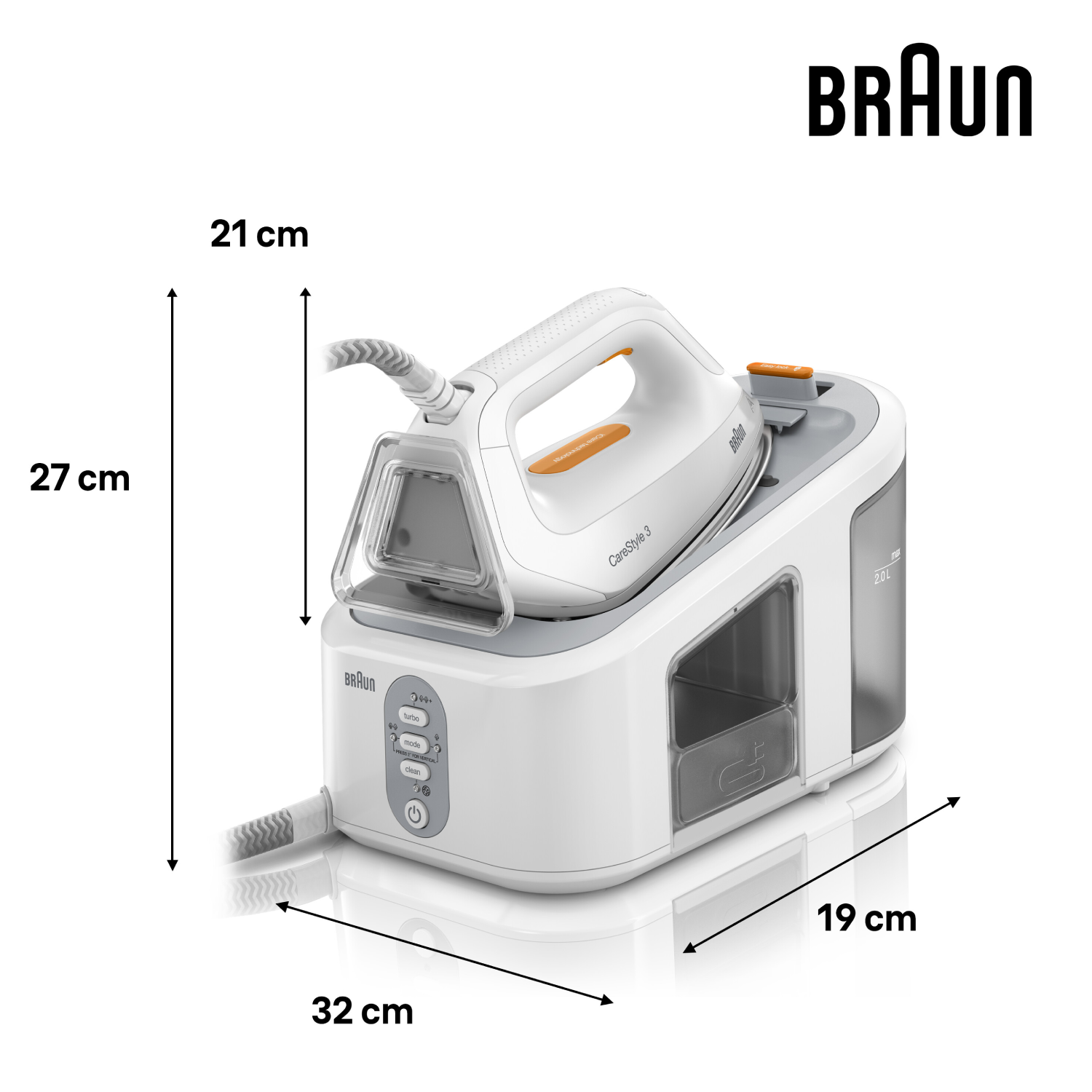 Plancha Braun blanca y naranja con dimensiones mostradas. La plancha está sobre una base blanca.