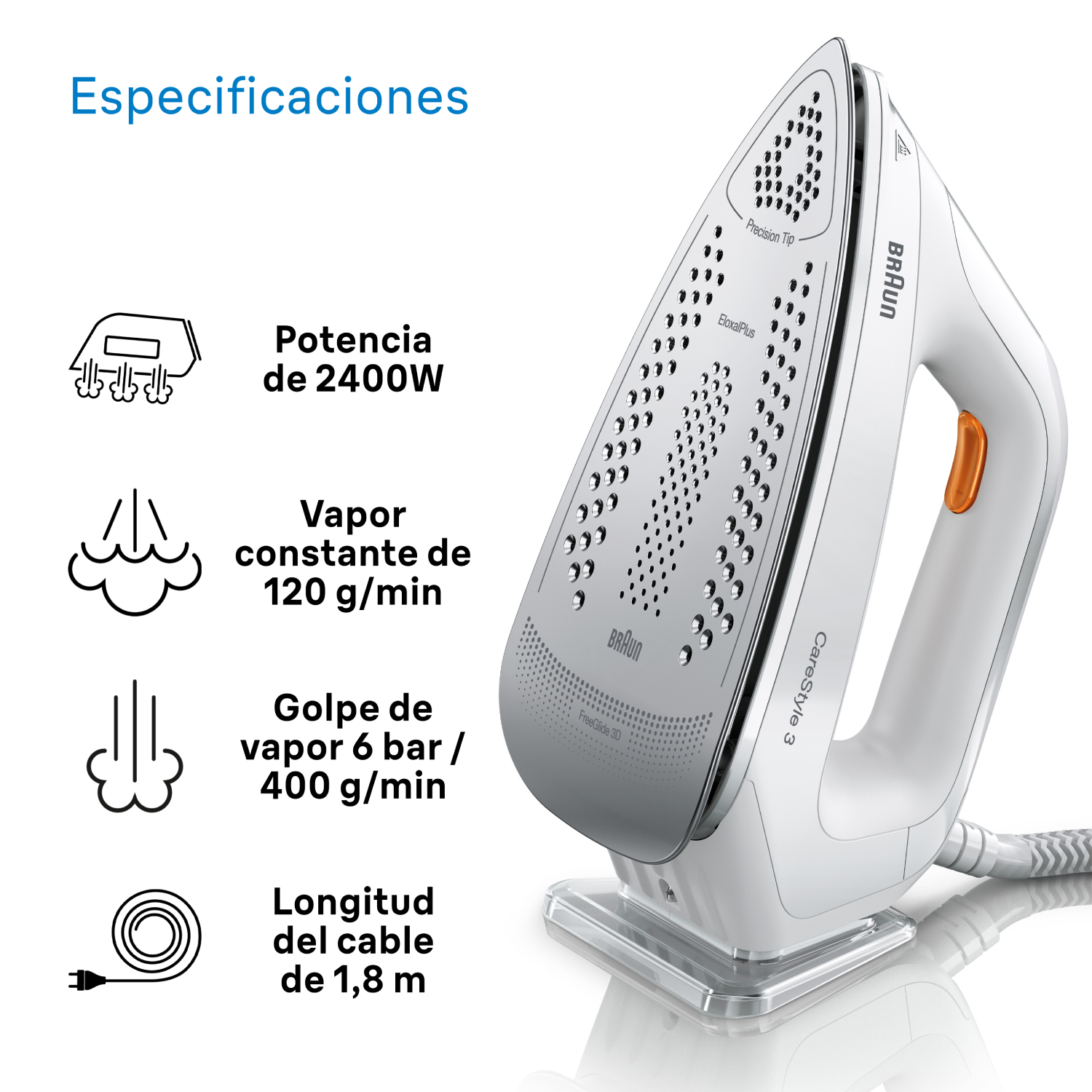 Plancha Braun con texto que describe potencia, vapor y longitud del cable.
