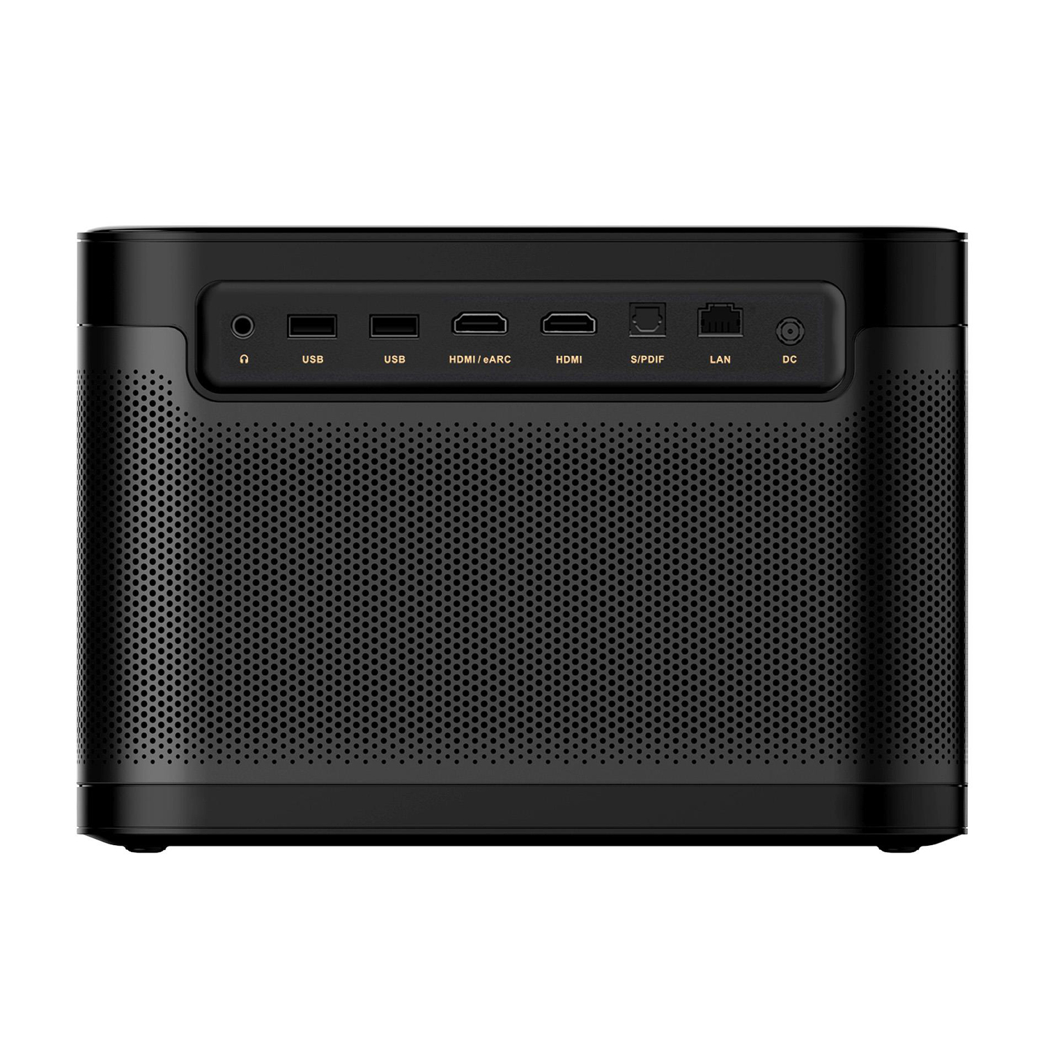 Un dispositivo rettangolare nero con varie porte sul retro, tra cui USB, HDMI e LAN.