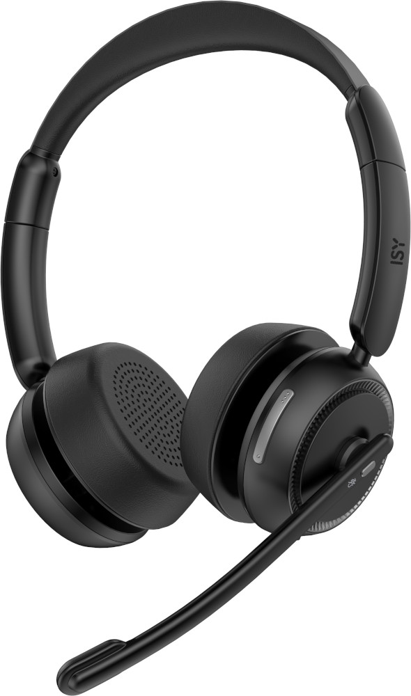 Black headset with a microphone. The headset has earcups and a headband.