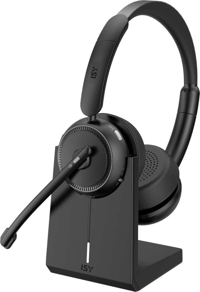 A black headset with a stand. The headset and stand are on a white background.