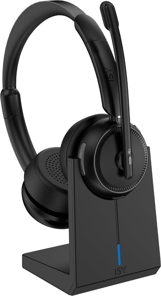 Black headset on a stand, with ISY branding and blue light.