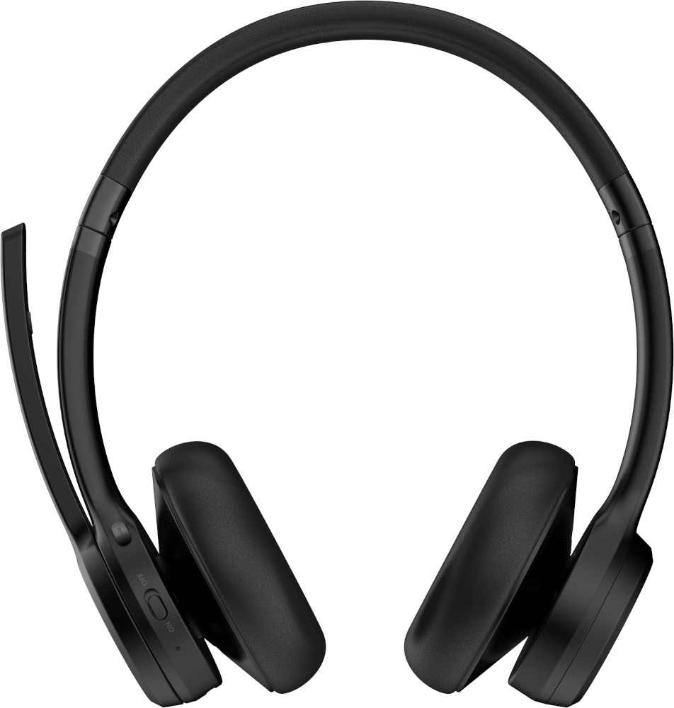 Casque supra-auriculaire noir avec microphone. Le casque a un design élégant et moderne.