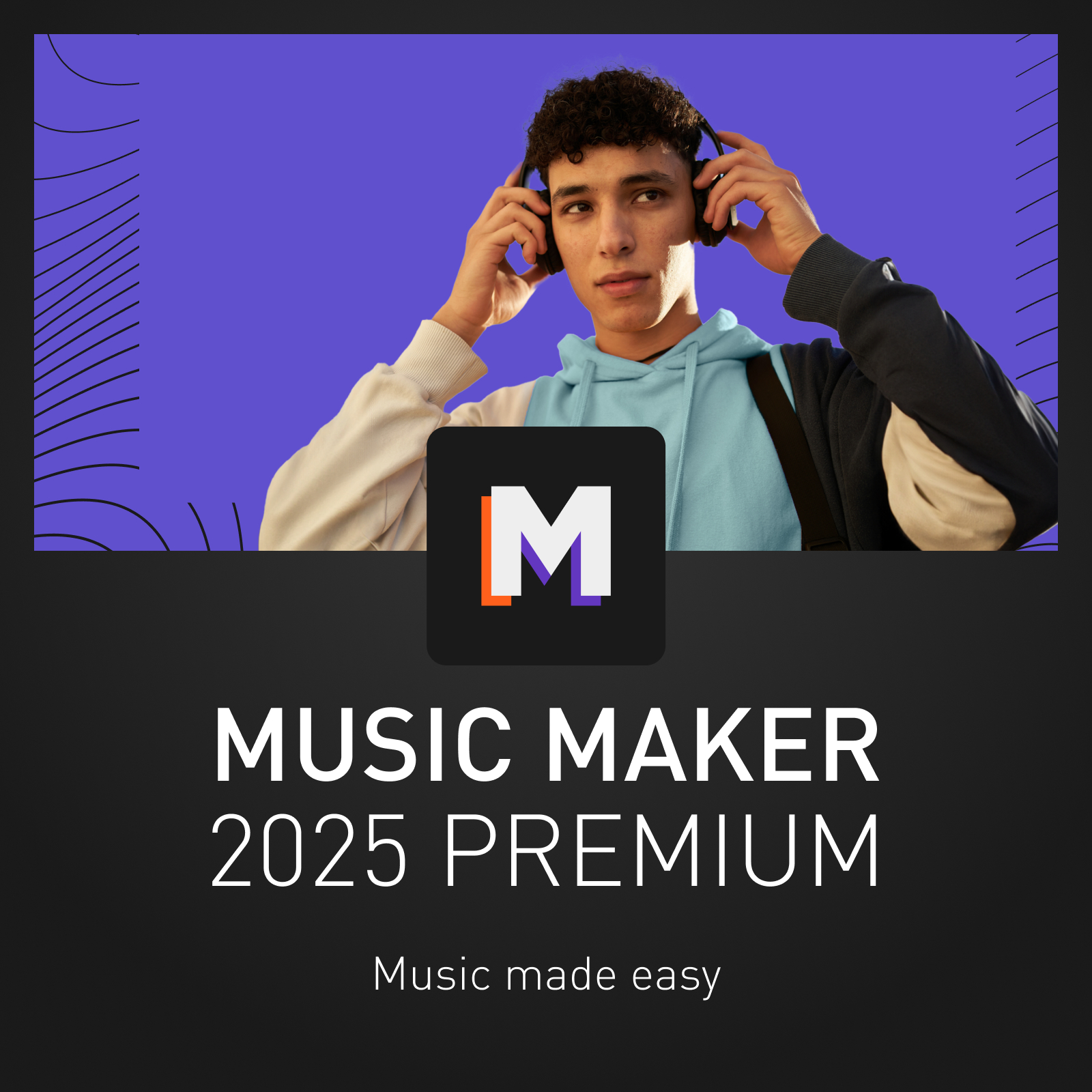 Eine Person, die Kopfhörer trägt, mit dem Logo für 'Music Maker 2025 PREMIUM' sichtbar.