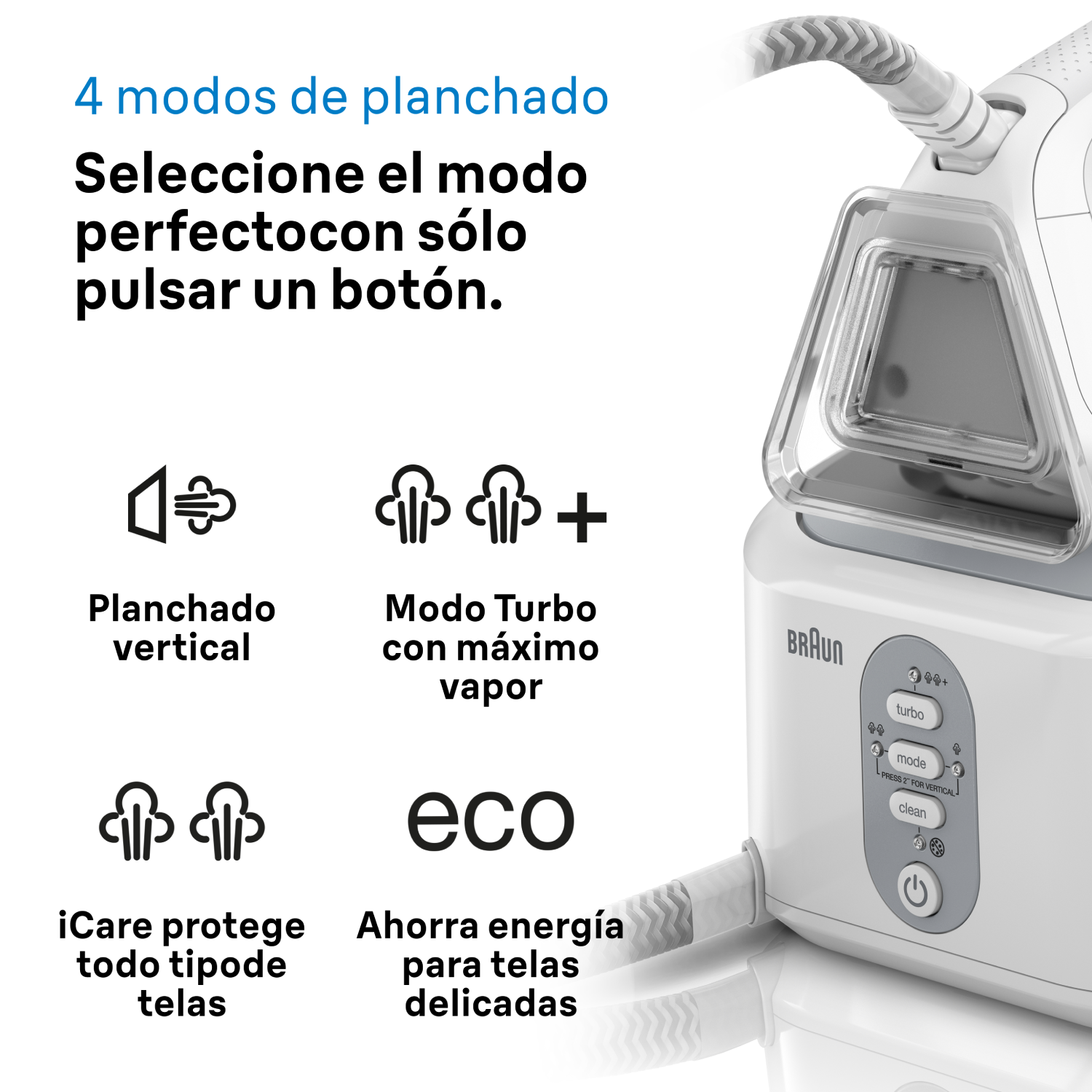 Un vaporizador blanco y gris con cuatro iconos y texto sobre modos de vapor.