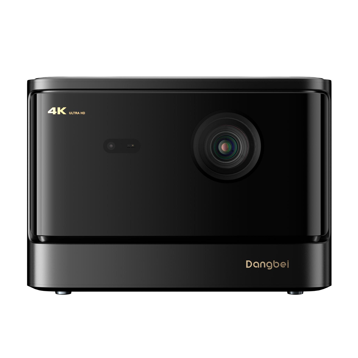 Proiettore Dangbei 4K nero con obiettivo e logo '4K Ultra HD' dorato sul davanti.