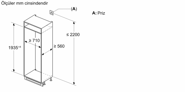 mm cinsinden boyutlara sahip bir dolabın şematik diyagramı. Bir priz belirtilmiştir.