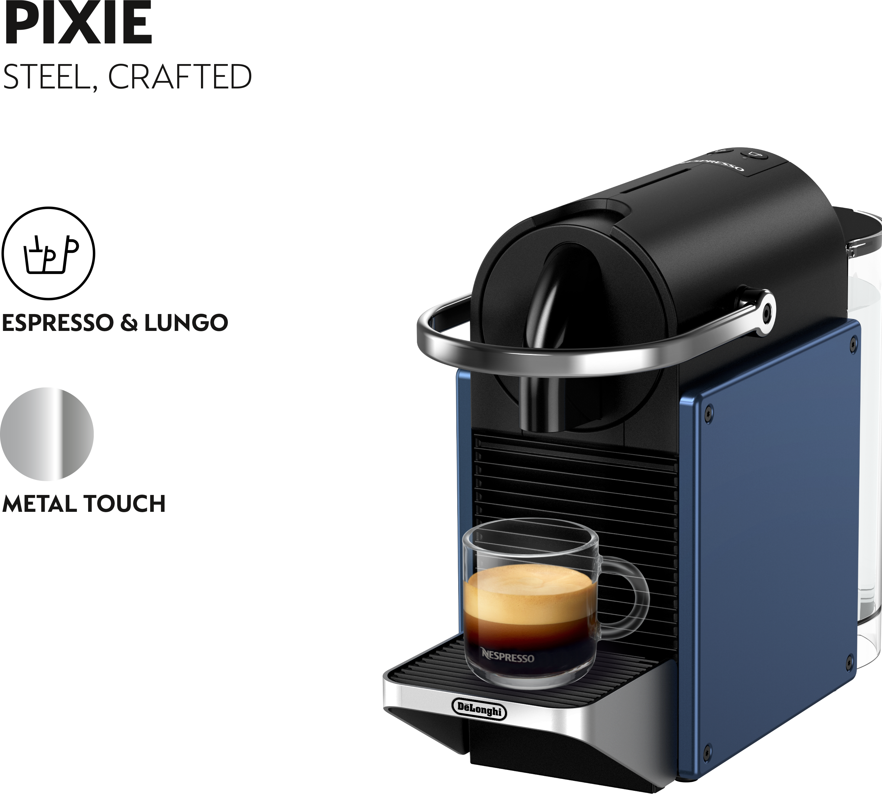 Blau-schwarze Nespresso-Maschine mit Kaffeetasse. Edelstahlbasis.