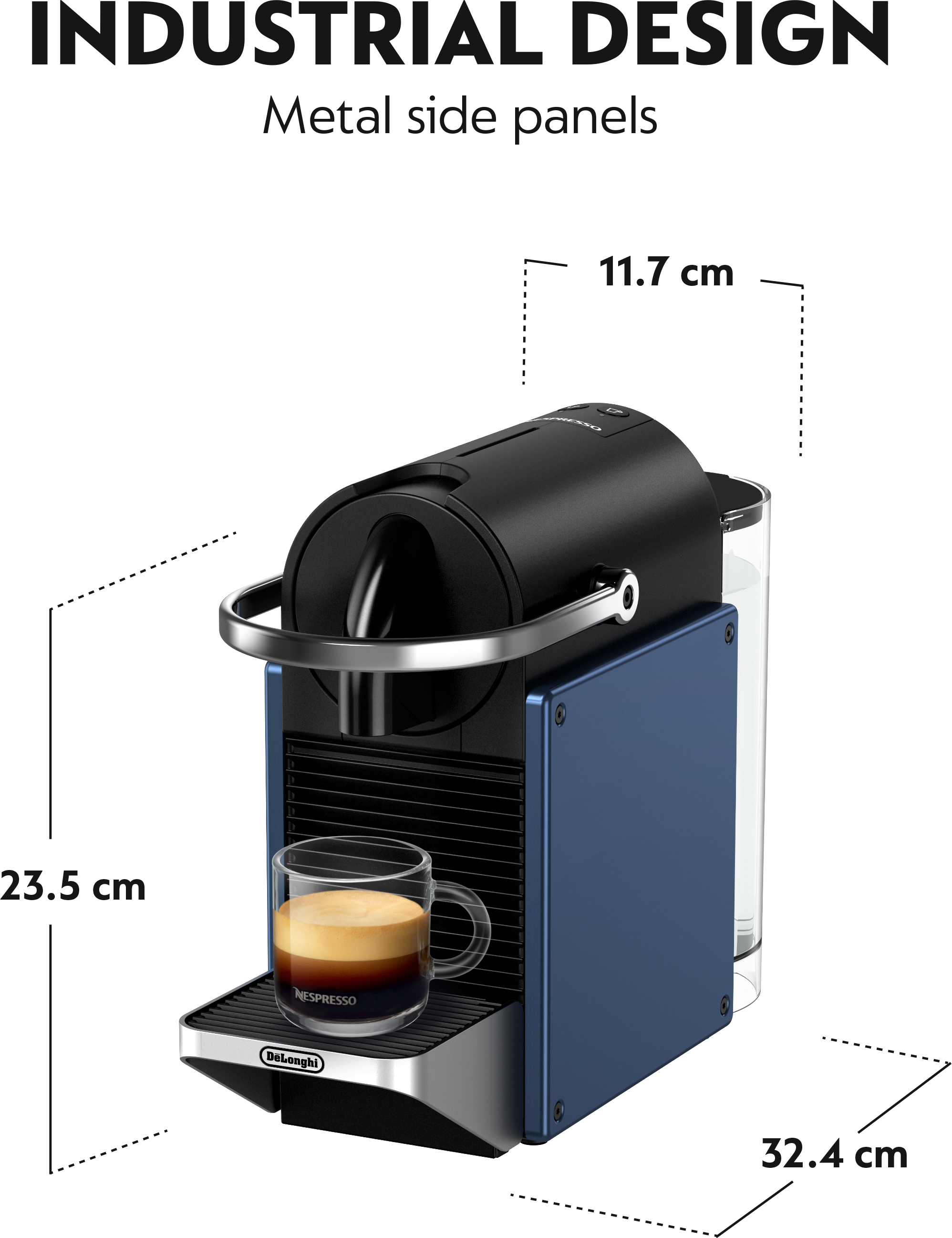 Blaue und schwarze Nespresso-Maschine, Glas Kaffee. Industriedesign, Metalldetails und Abmessungen.