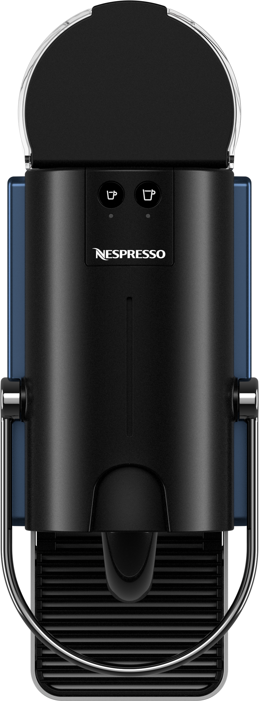Draufsicht auf eine schwarz-blaue Nespresso-Maschine. Mit Knöpfen, dem Nespresso-Logo und einem Griff.