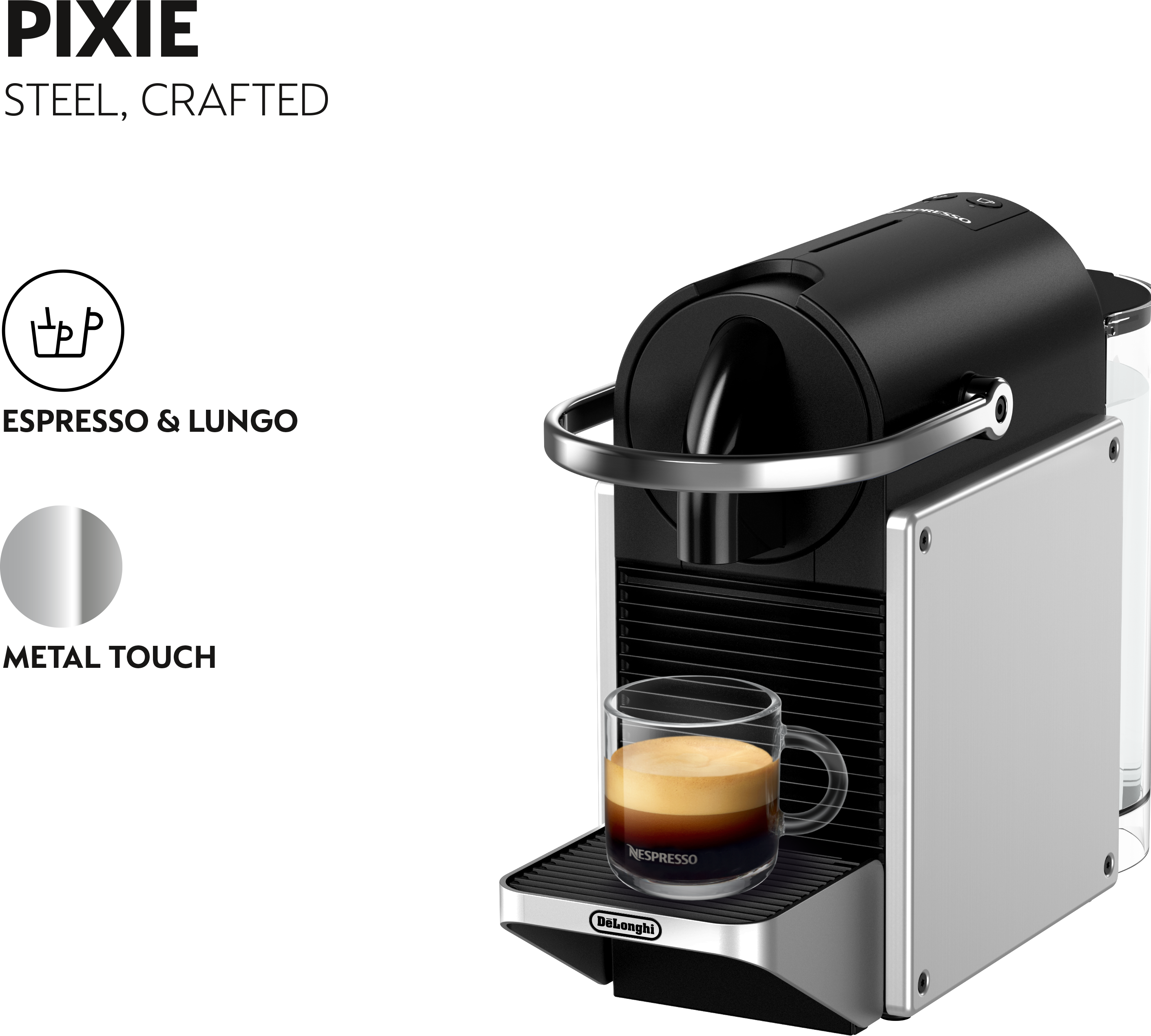 Schwarz-silberne Nespresso-Maschine mit einem kaffeegefüllten Glas. Zeigt das Delonghi-Markenlogo.