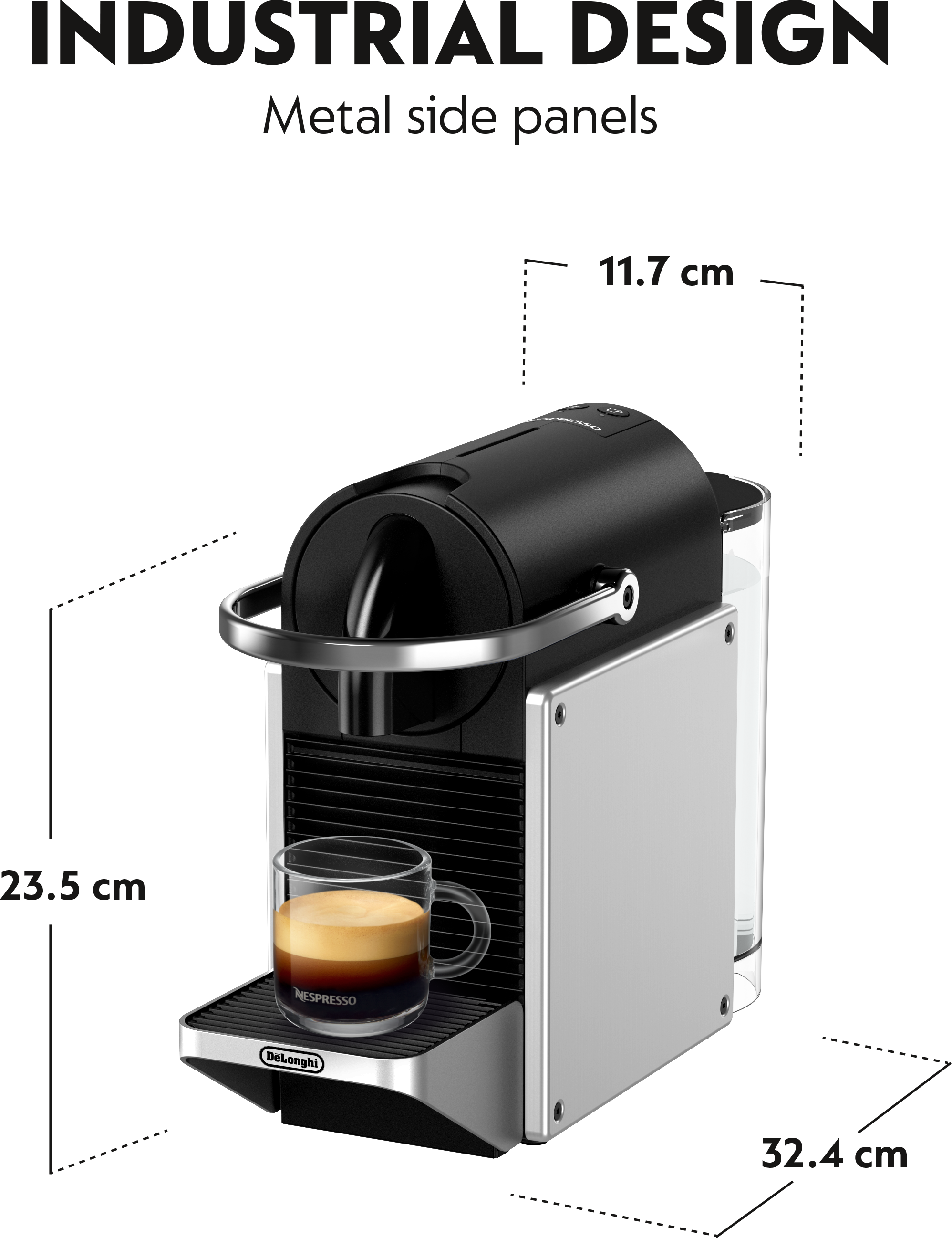 Eine schwarze und silberne Nespresso-Kaffeemaschine mit einer Glastasse. Text: 'Industrial Design'.