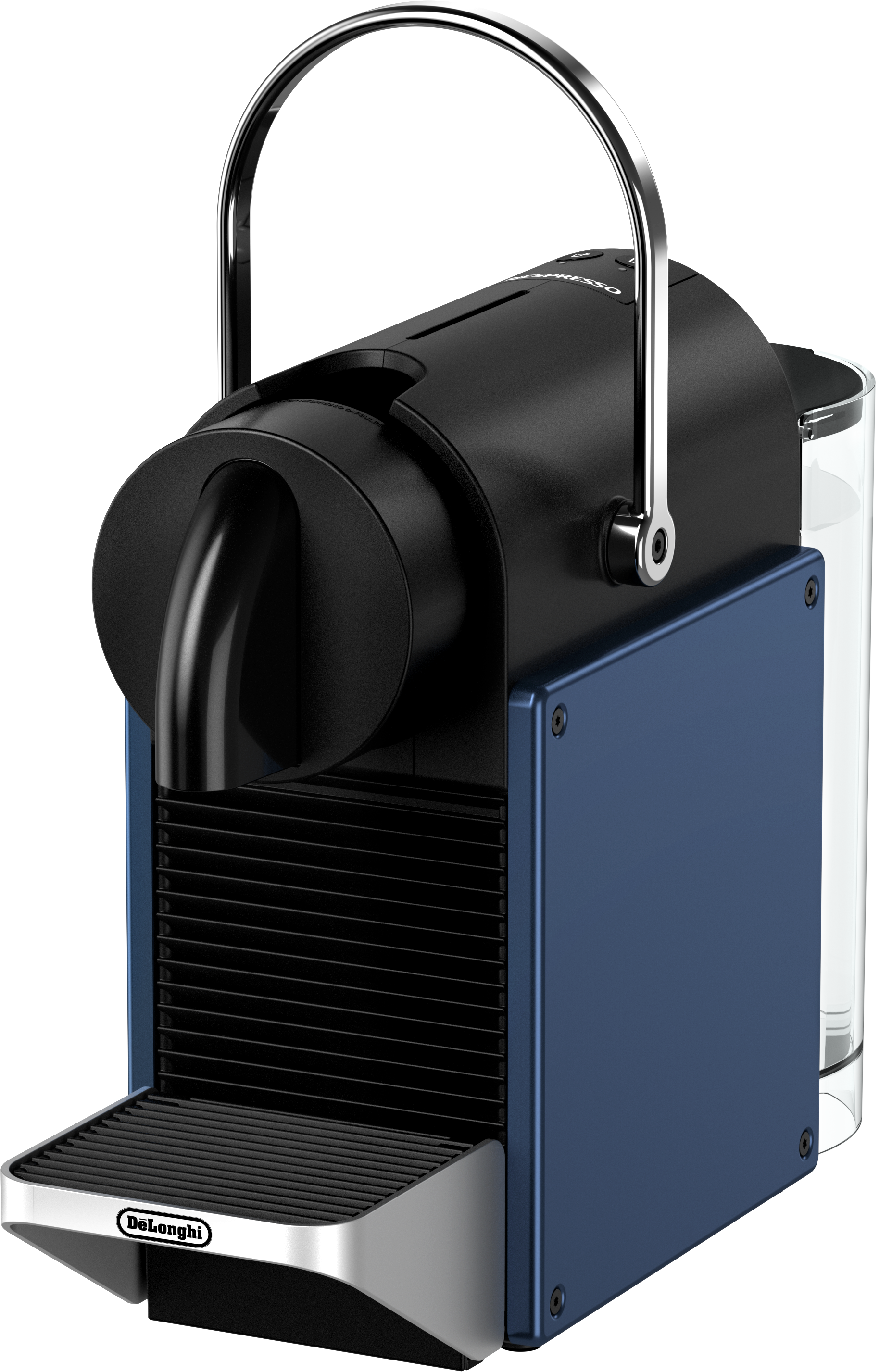 Blau-schwarze Nespresso-Maschine. Mit Tablett, Griff, Wassertank und einer Tasse Kaffee.