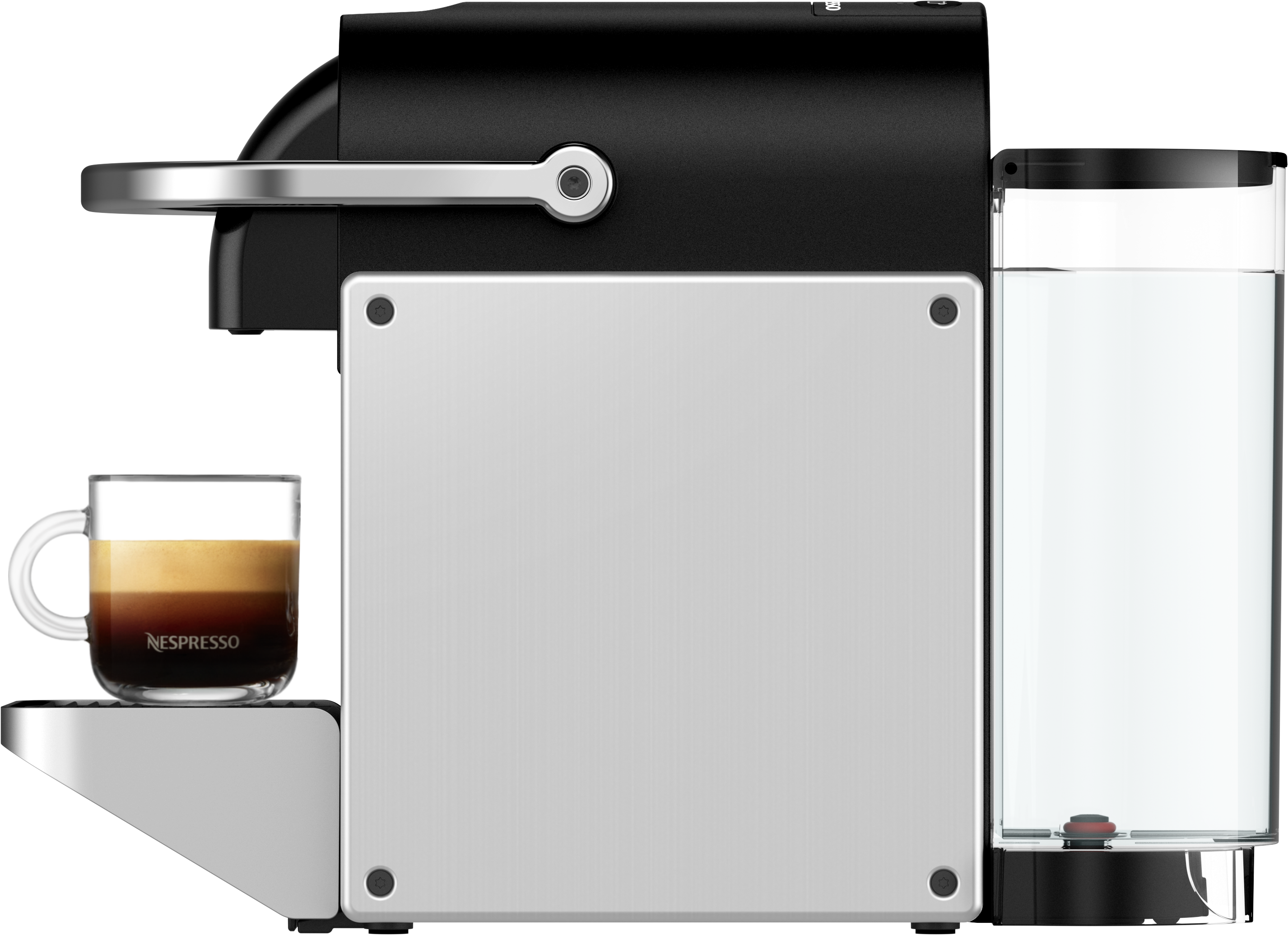 Espressomaschine mit Kaffeetasse und Wassertank. Edelstahl- und schwarzes Design.