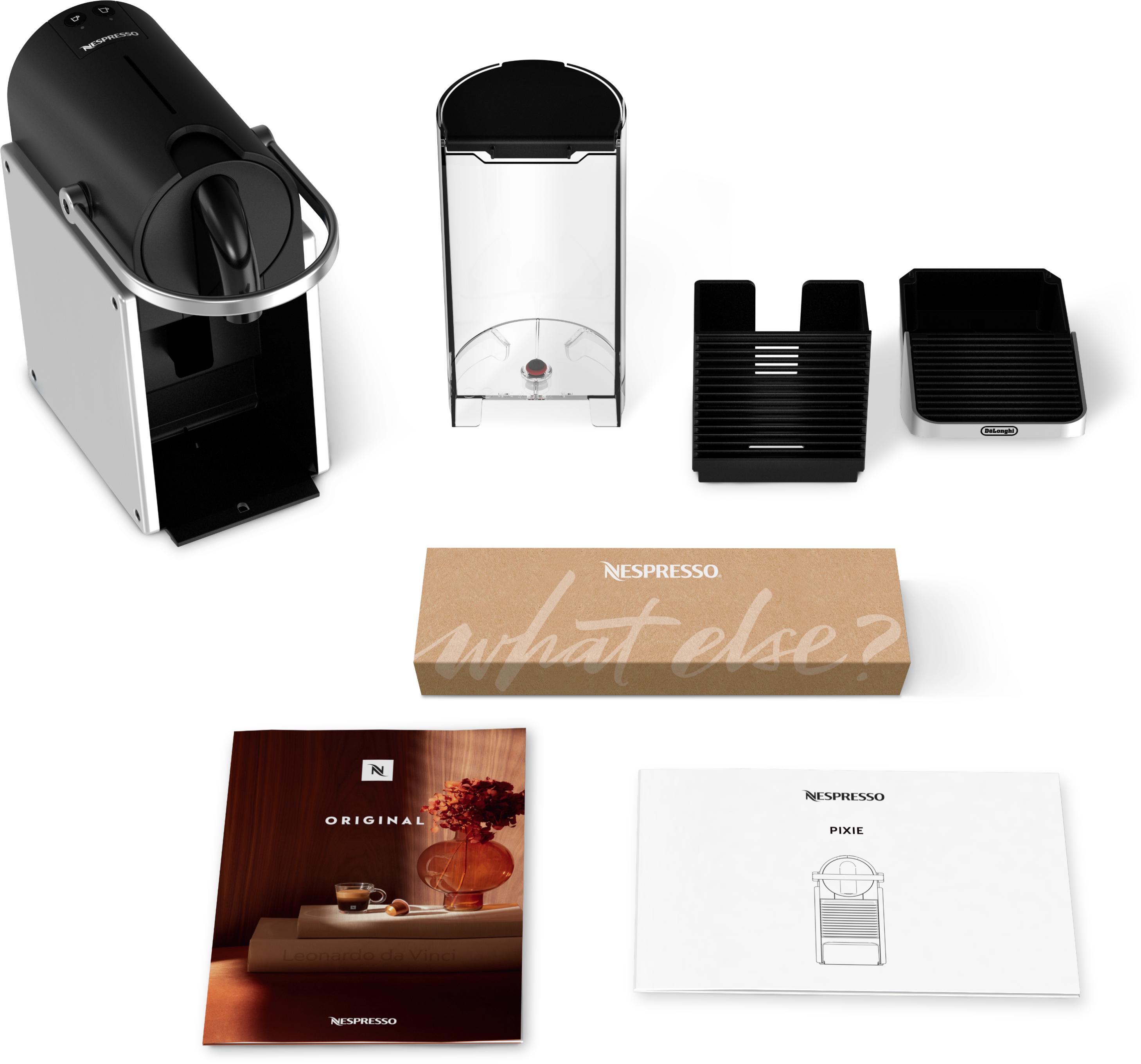 Kaffeemaschine und Zubehör, mit einer Box und Anweisungen auf schwarzem Untergrund.