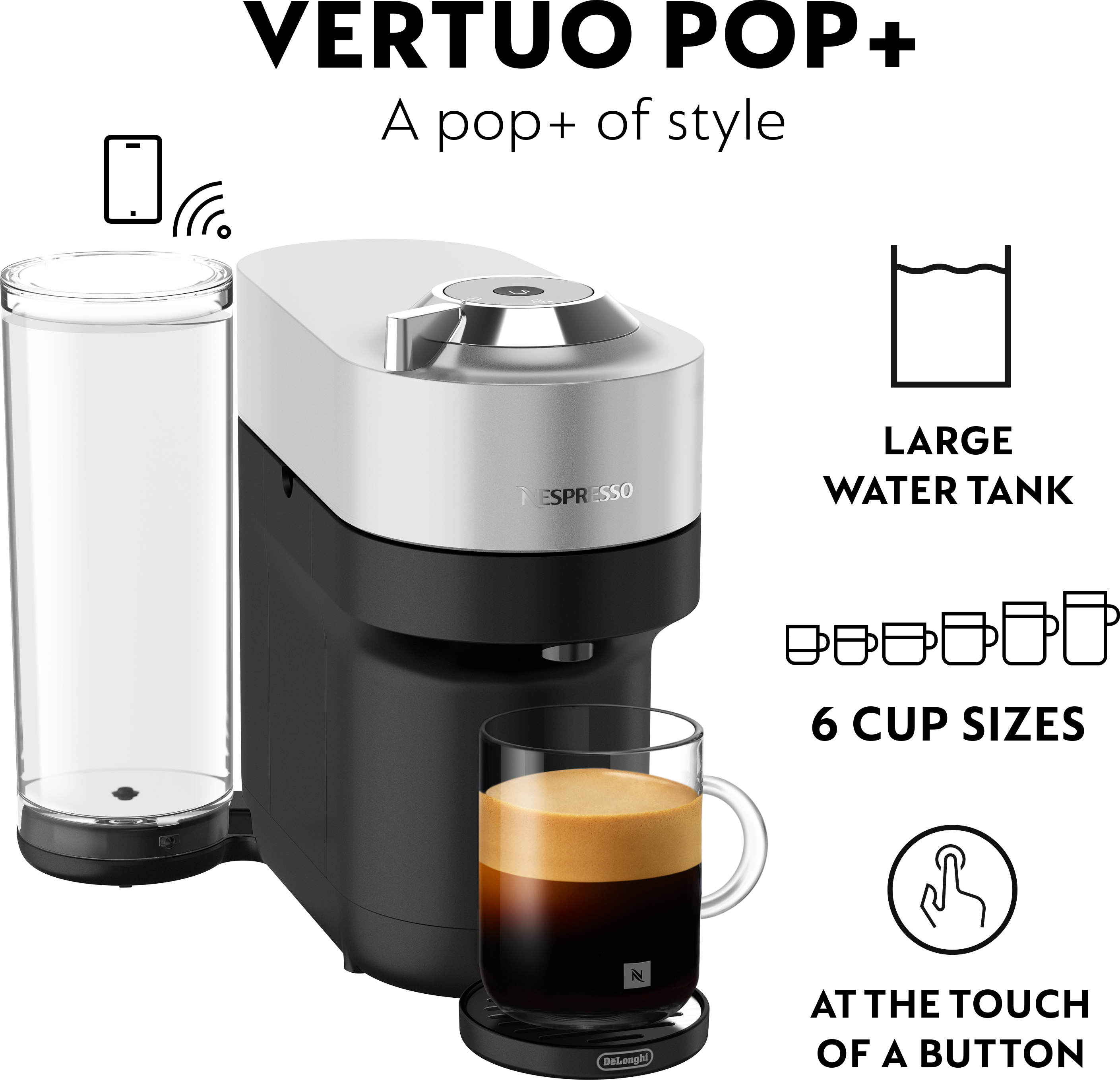Macchina da caffè Nespresso con una tazza di caffè. Serbatoio dell'acqua in vetro e base nera.