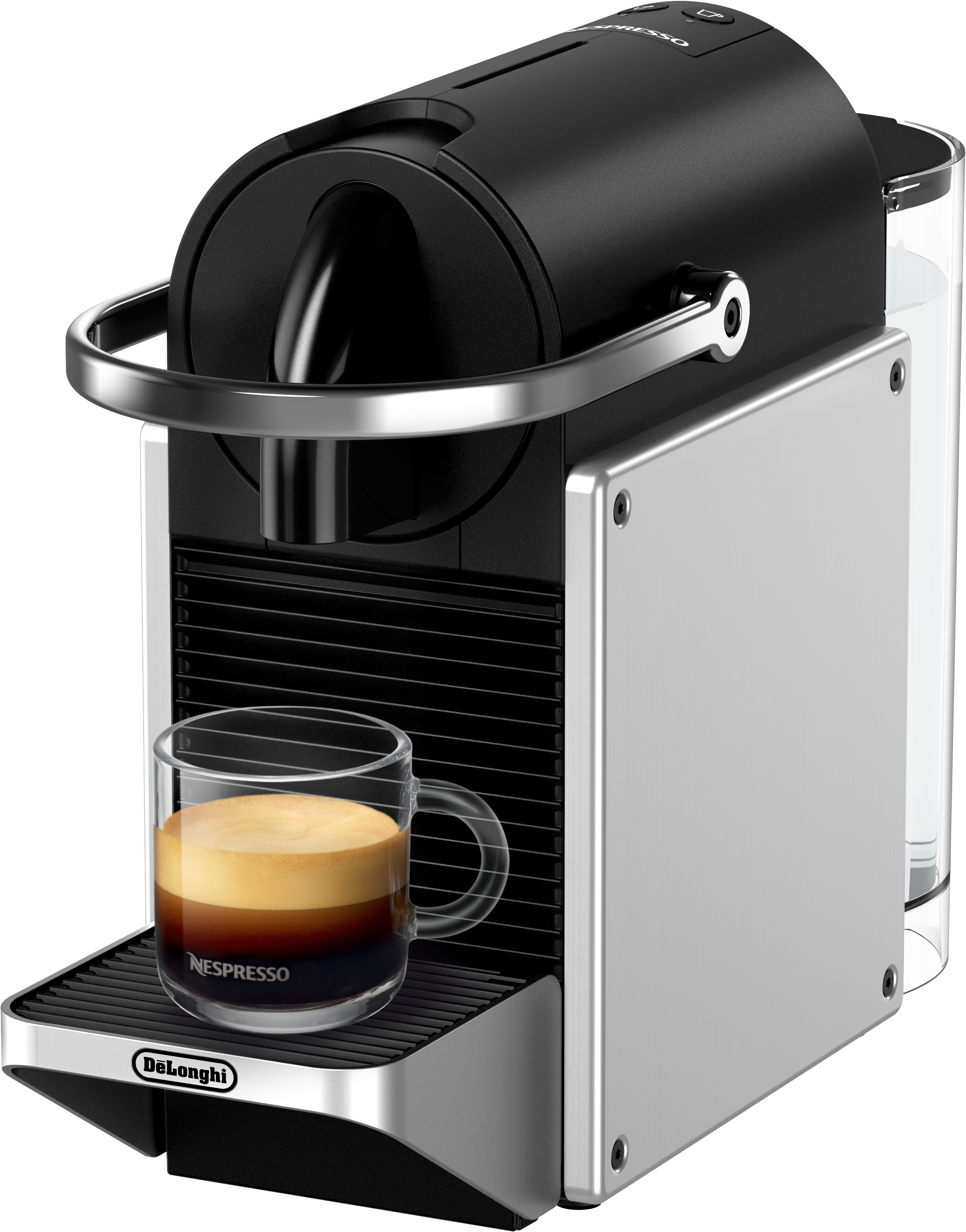 Schwarze und silberne Nespresso-Maschine mit einem Glas Kaffee.