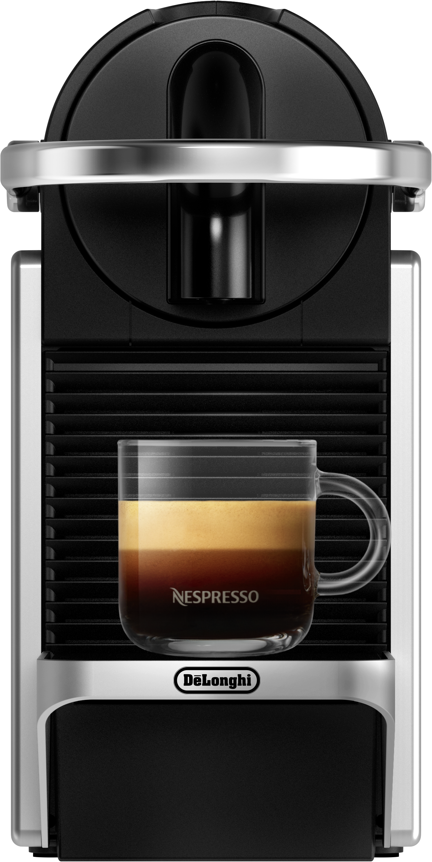 Schwarze und silberne Nespresso-Maschine mit einem Glas Kaffee.