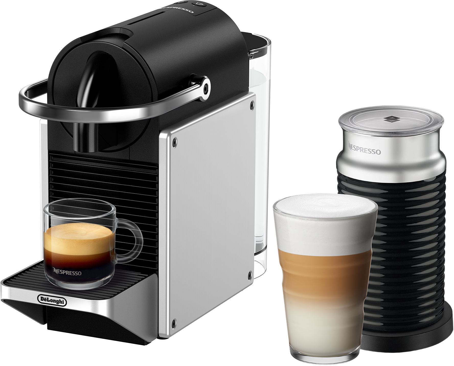 Nespresso-Kaffeemaschine mit einer Tasse Espresso, Latte und Milchaufschäumer.