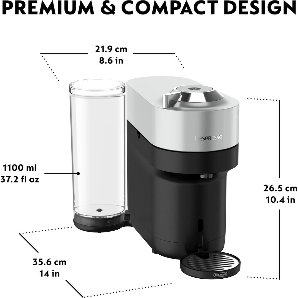 Una macchina da caffè Nespresso con dimensioni. È nera e argento, con un serbatoio dell'acqua.