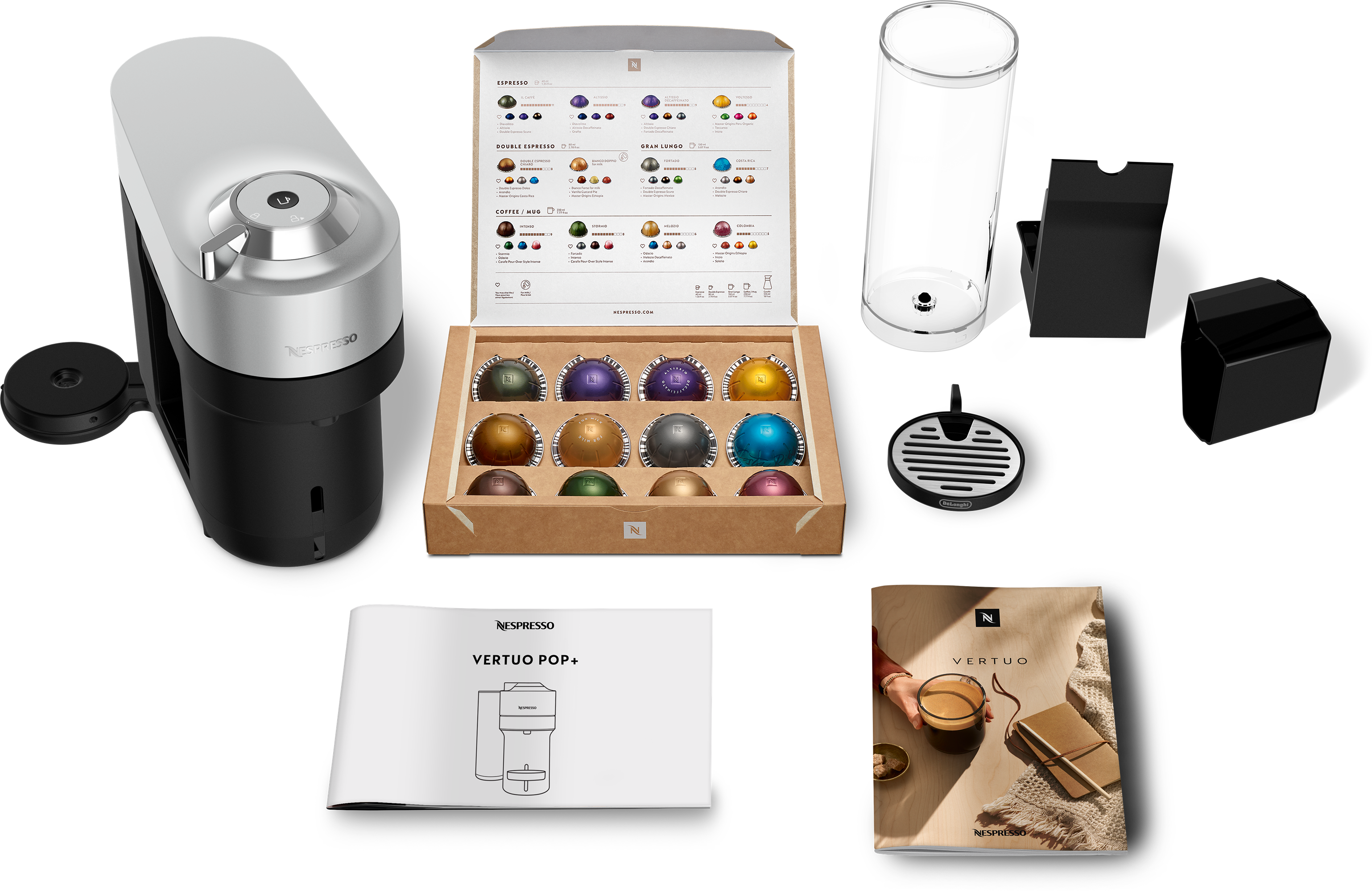 Una macchina da caffè Nespresso Vertuo Pop+ e accessori. Include capsule, un serbatoio d'acqua e manuali di istruzioni.