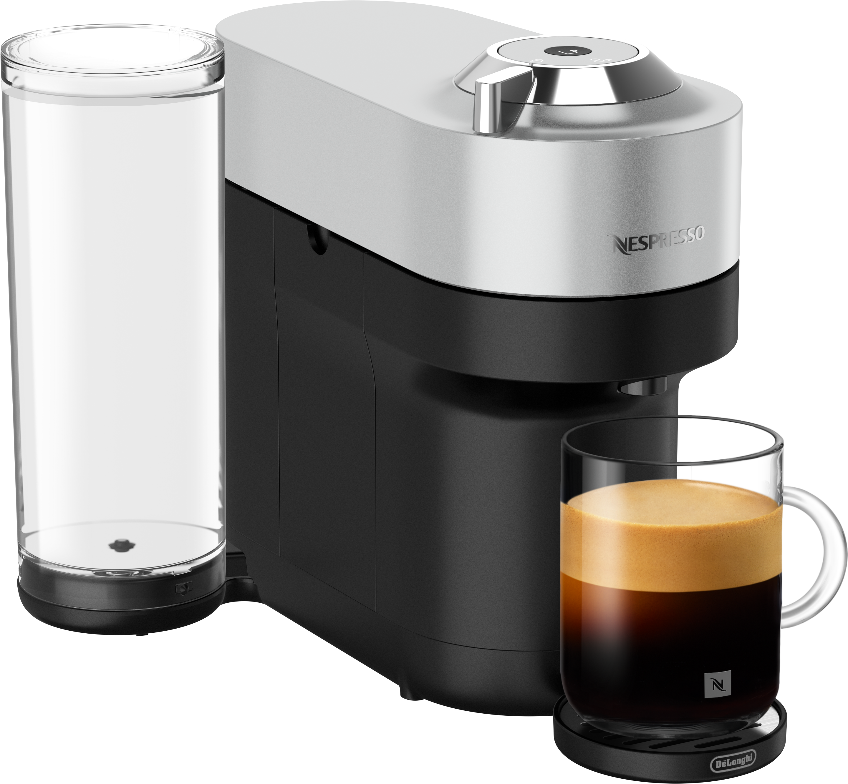 Macchina per caffè Nespresso con un bicchiere di caffè e serbatoio dell'acqua. Design argento e nero.