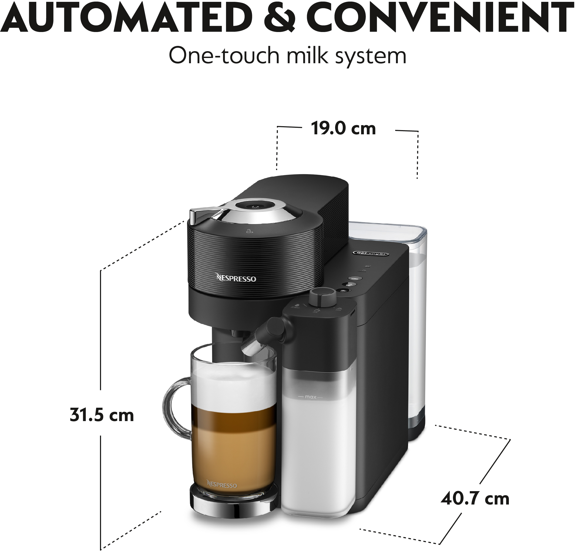 Eine schwarze Nespresso-Kaffeemaschine mit einer Glastasse Kaffee, Milchspender und Abmessungen.