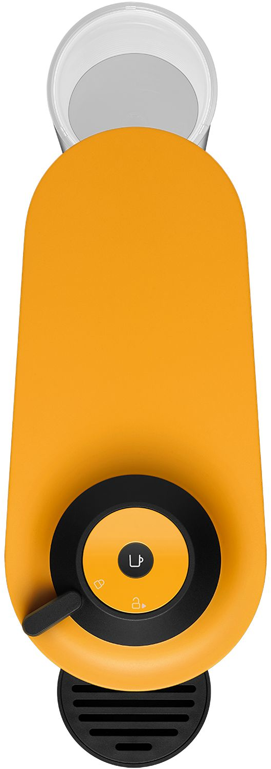 Une machine à café orange vue de dessus. Elle dispose d'un cadran pour sélectionner les réglages.