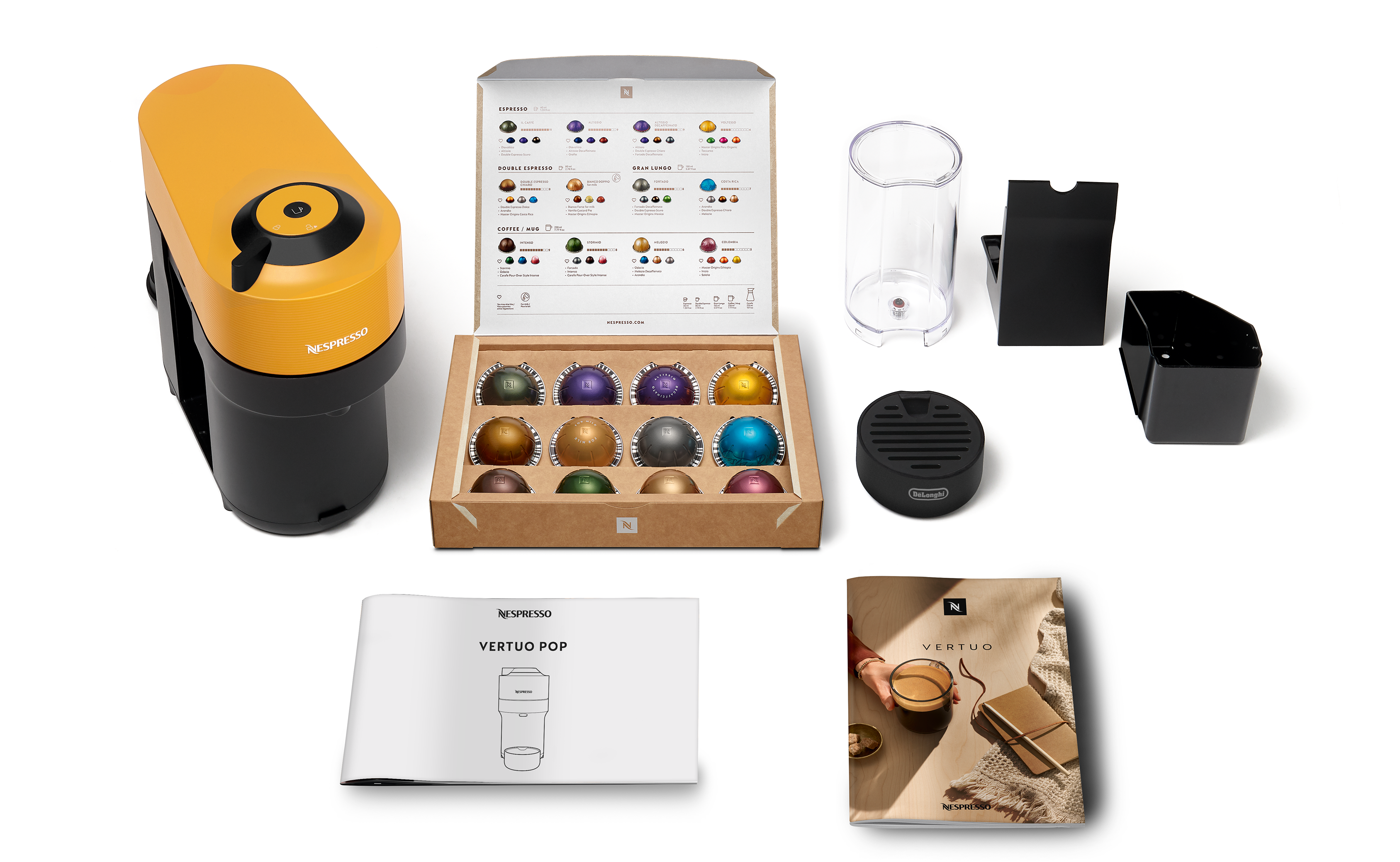Une machine Nespresso Vertuo Pop jaune. La machine a une base noire, une tasse à café et un réservoir d'eau.
