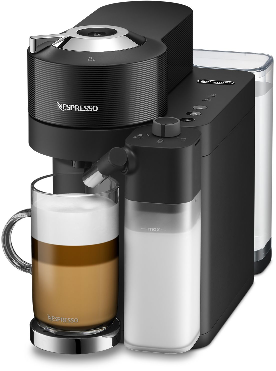 Schwarze Nespresso-Maschine mit geschichtetem Kaffee und Milchaufschäumer.