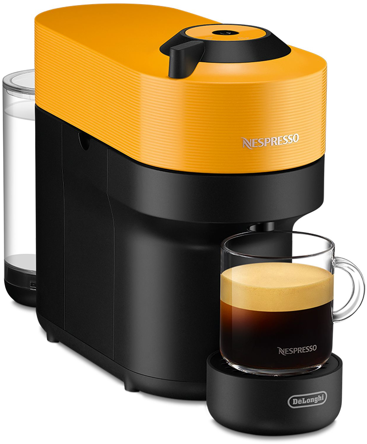 Machine à café Nespresso orange et noire avec une tasse de café en verre à droite.