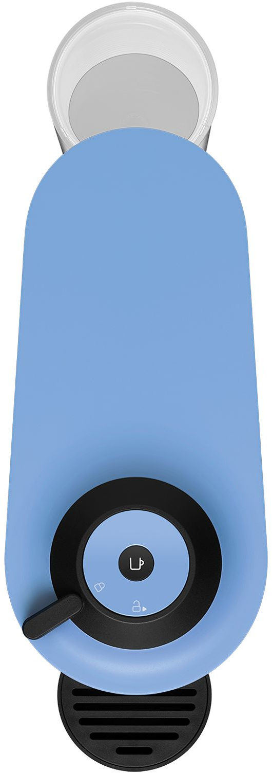 Vue de dessus d'une machine à café Nespresso bleue avec tasse, base et boutons noirs.
