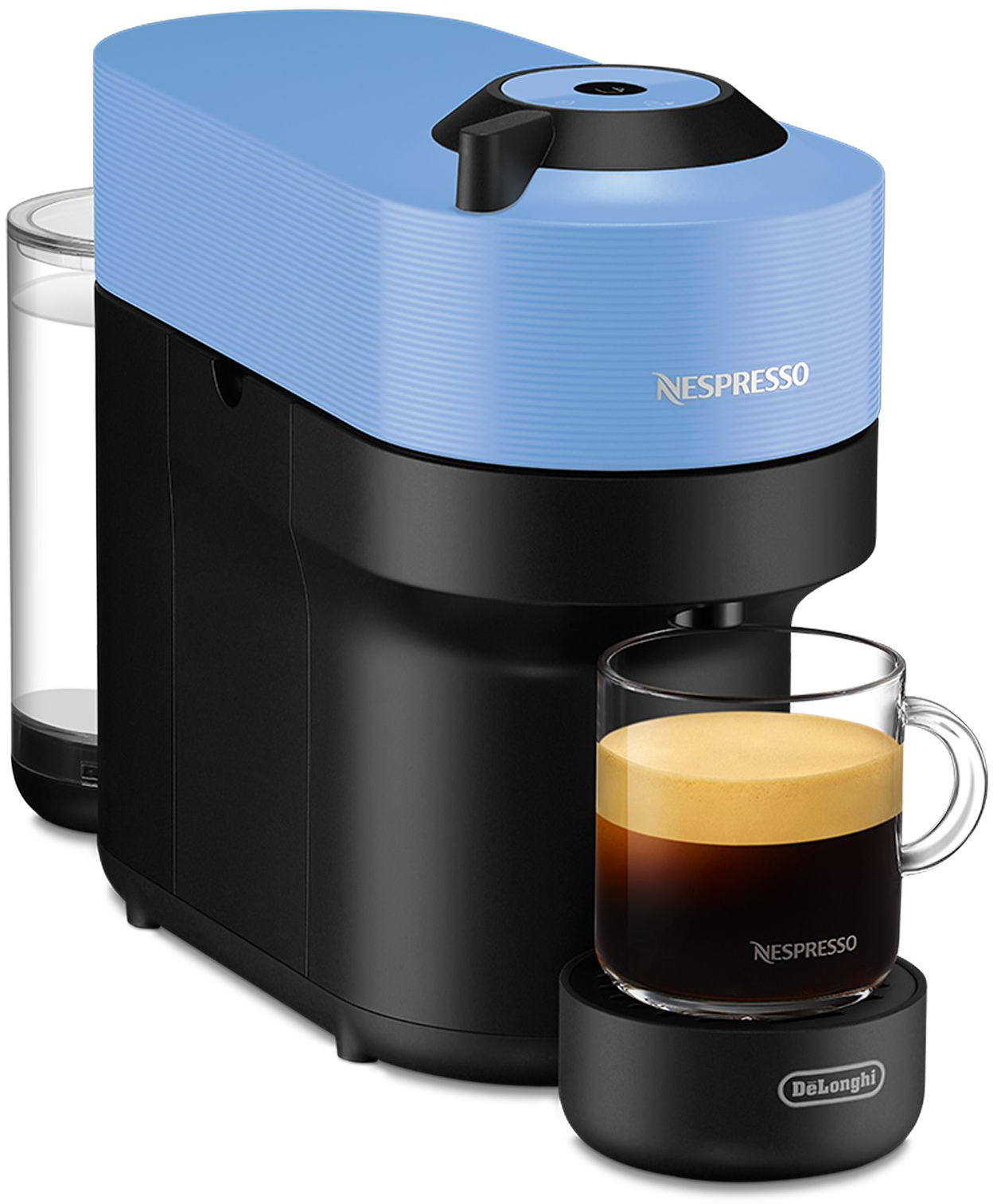 Machine à café Nespresso bleue et noire avec une tasse en verre remplie de café et un porte-capsules noir.