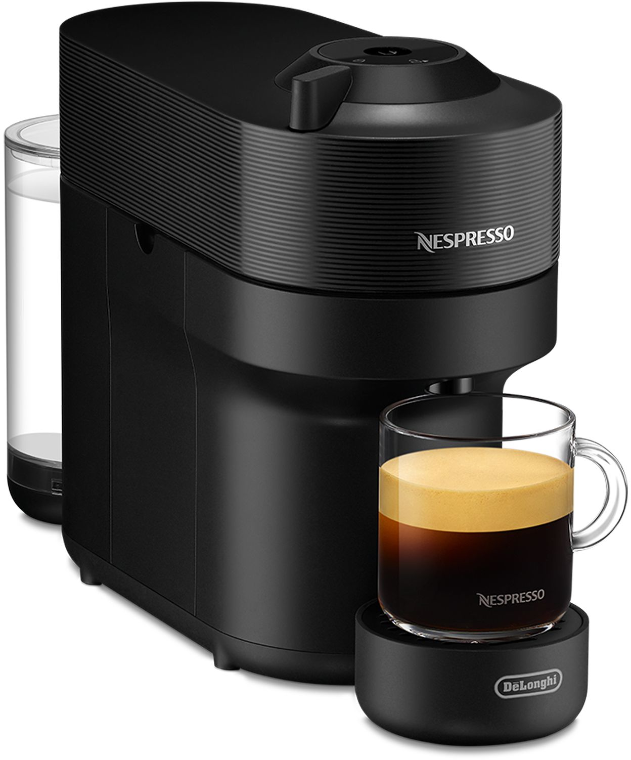 Schwarze Nespresso-Maschine mit einem Glas Kaffee. Seitenansicht, zeigt das Delonghi-Markenlogo.