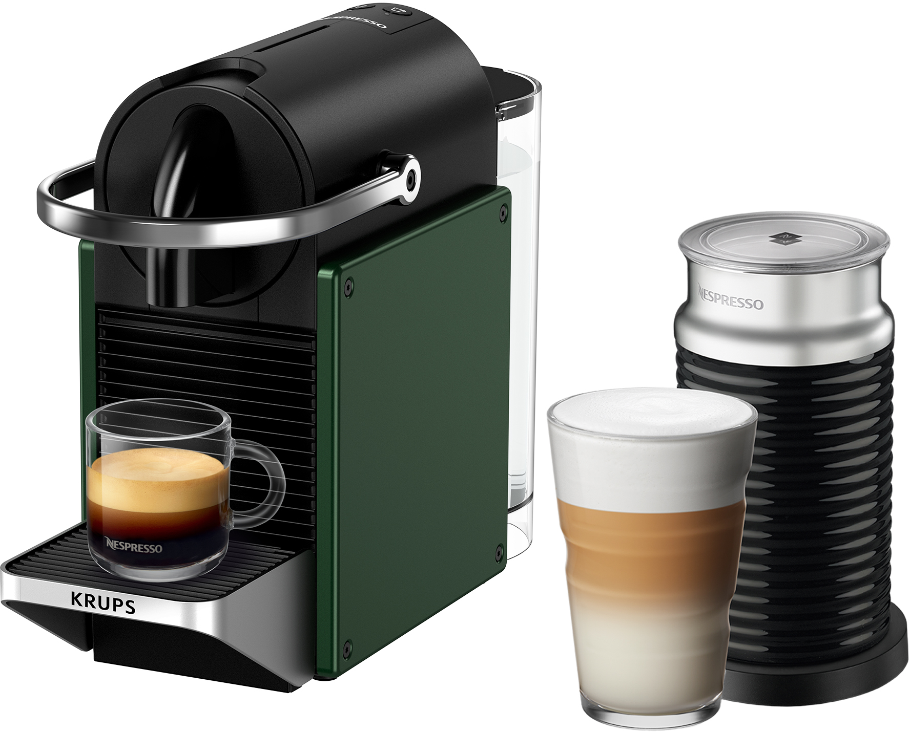 Una macchina per l'espresso, un montalatte e un bicchiere di latte e caffè a strati.
