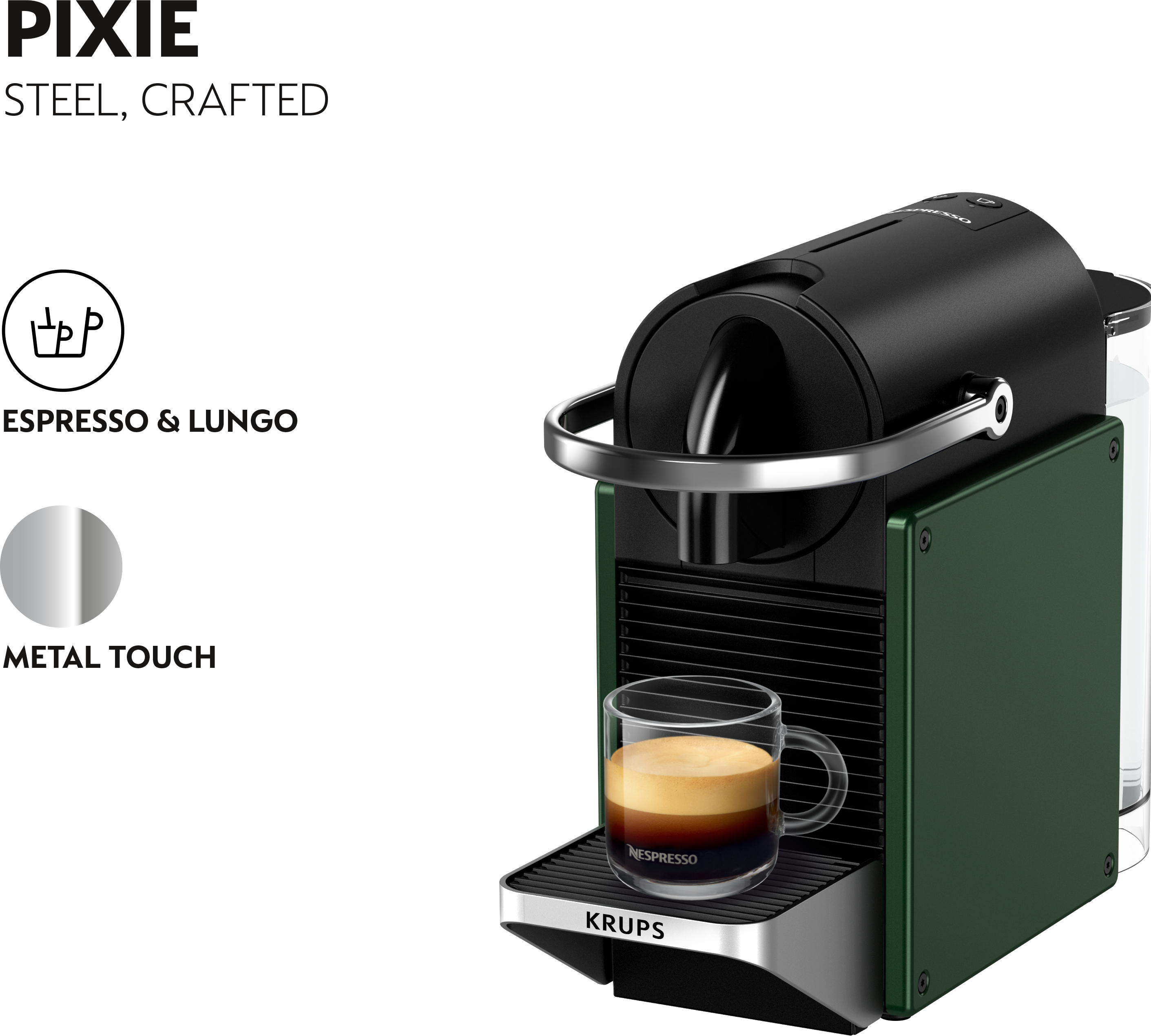 Una macchina da caffè Nespresso verde e nera con un bicchiere di caffè.