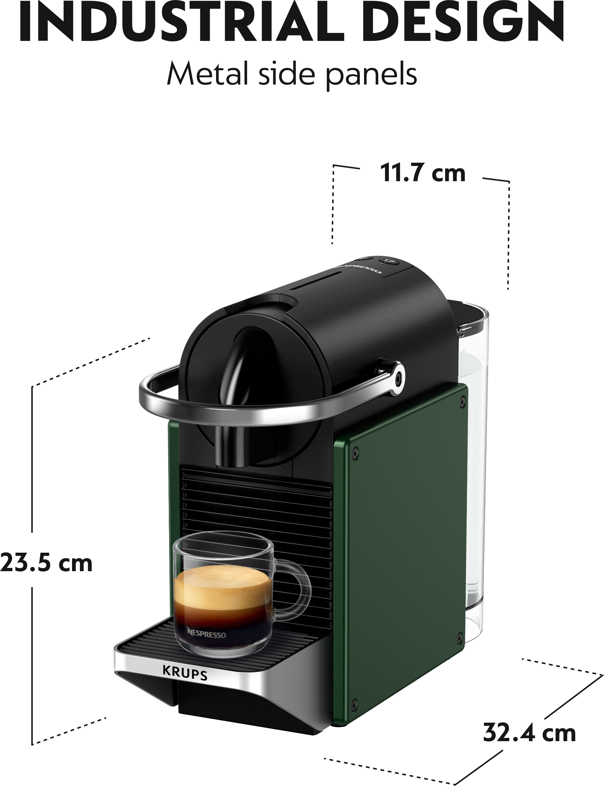 Macchina per caffè espresso nera e verde con una tazza di vetro.