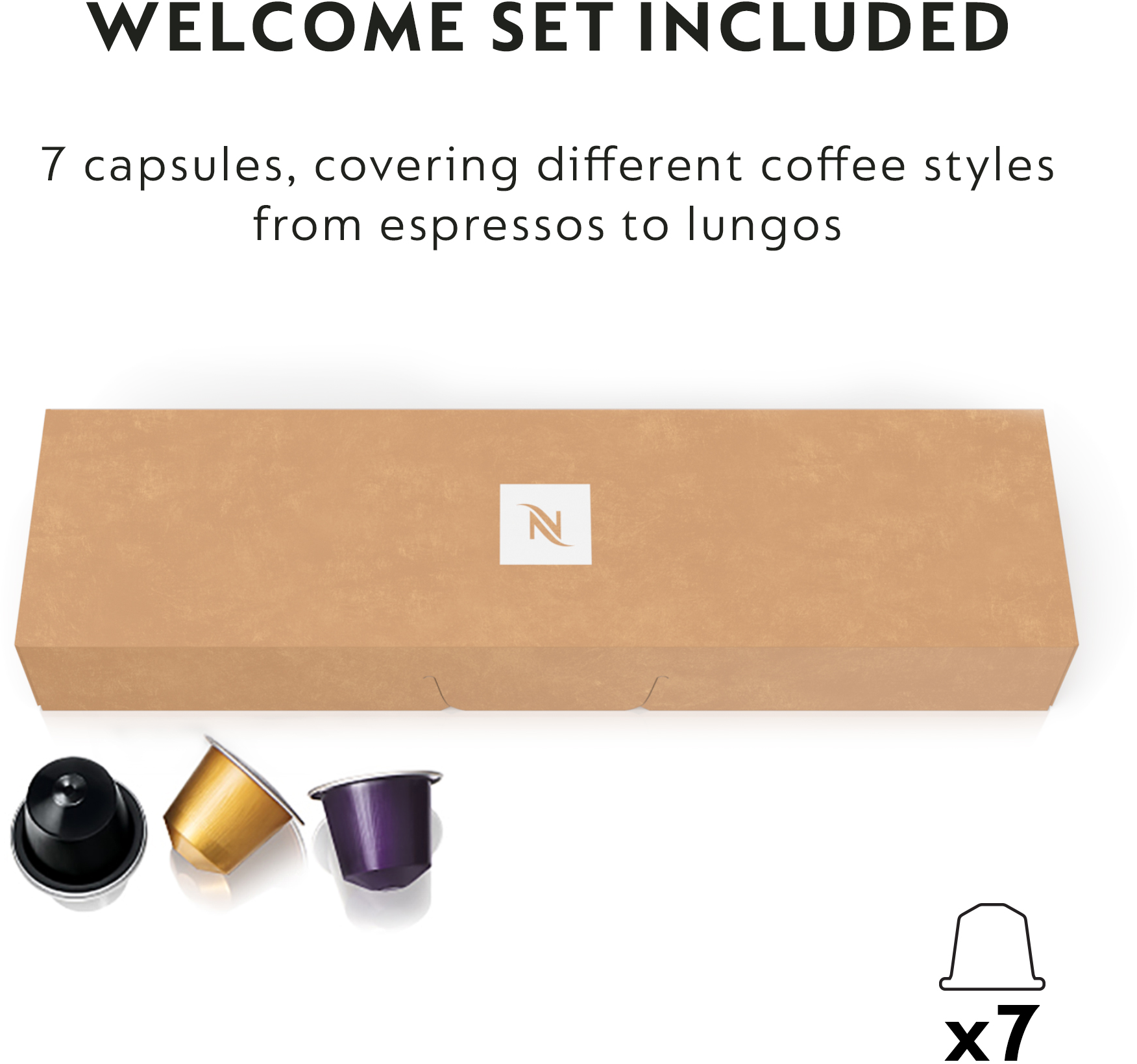Scatola con capsule Nespresso, 7 capsule, che coprono diversi stili di caffè.