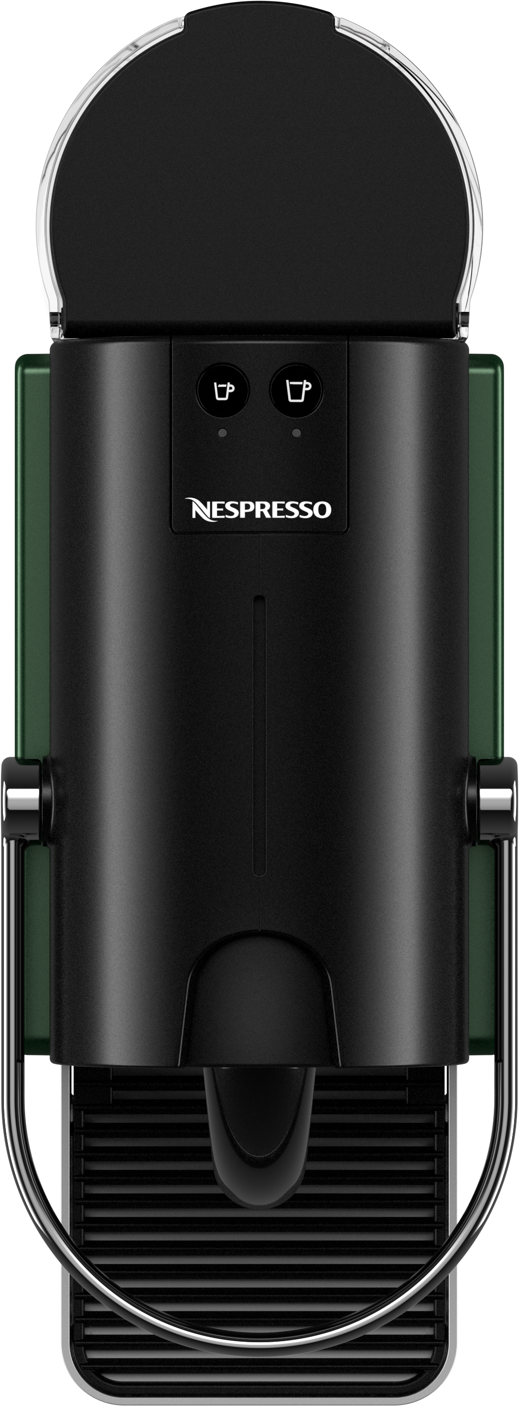 Macchina da caffè Nespresso nera e verde. Vista dall'alto della macchina, con due pulsanti.