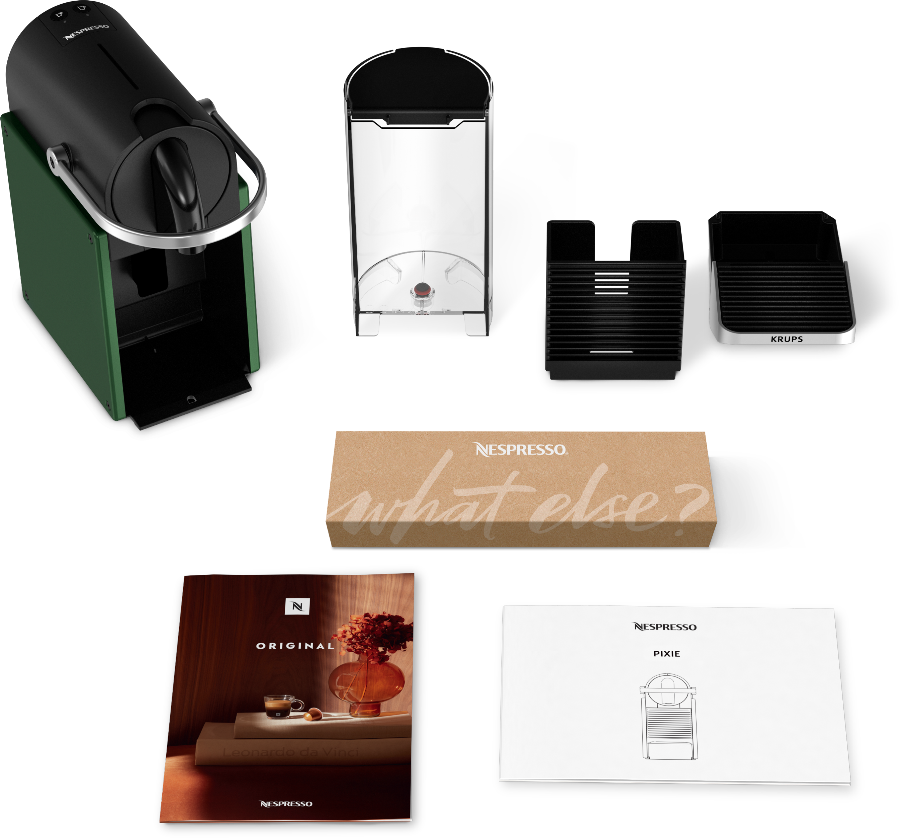 Parti e accessori della macchina da caffè Nespresso, inclusa la macchina, una scatola e le istruzioni.