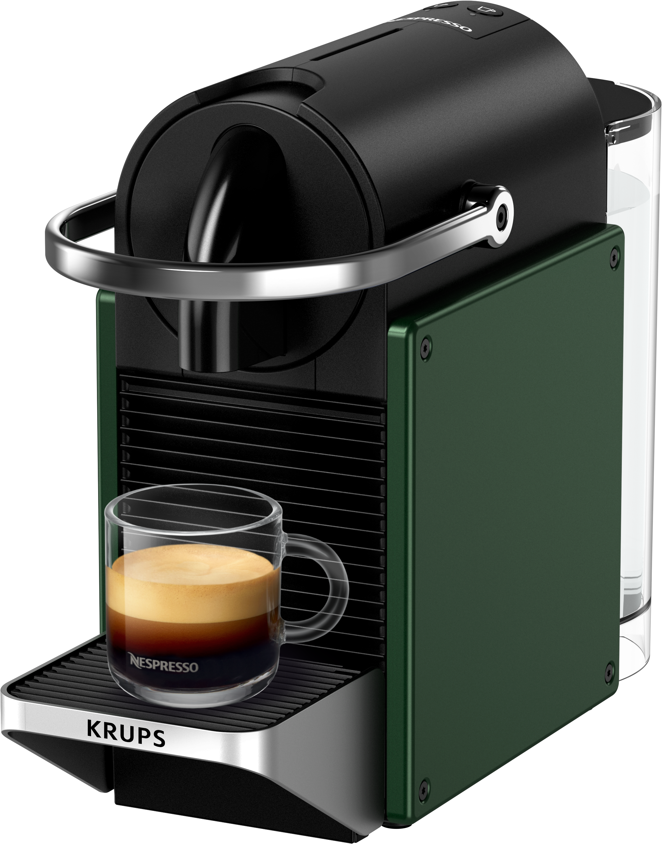 Una macchina Nespresso Krups verde scuro con un bicchiere di caffè, su sfondo bianco.