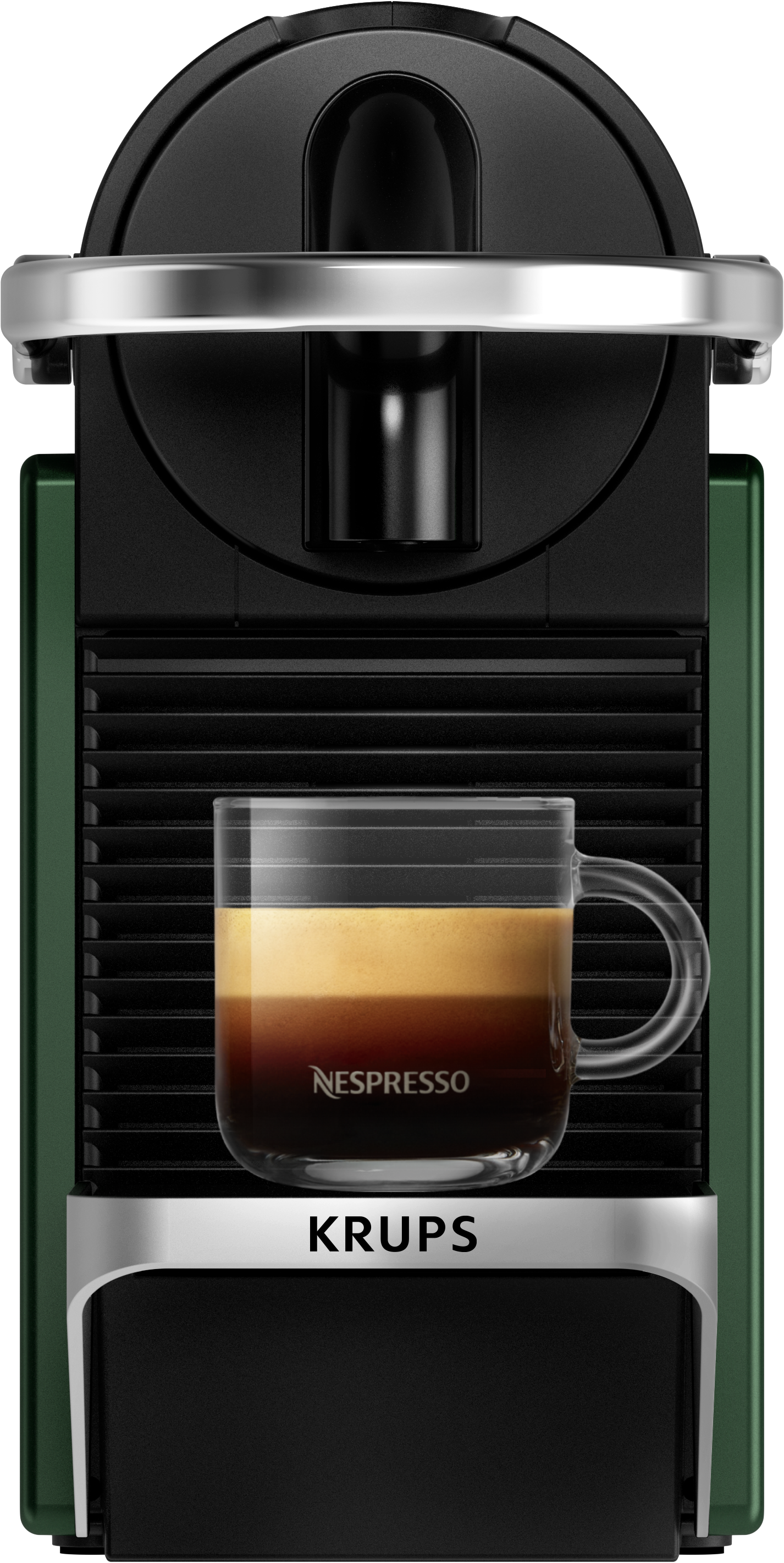 Una macchina da caffè Nespresso con una tazza di caffè davanti. La macchina è verde e nera.