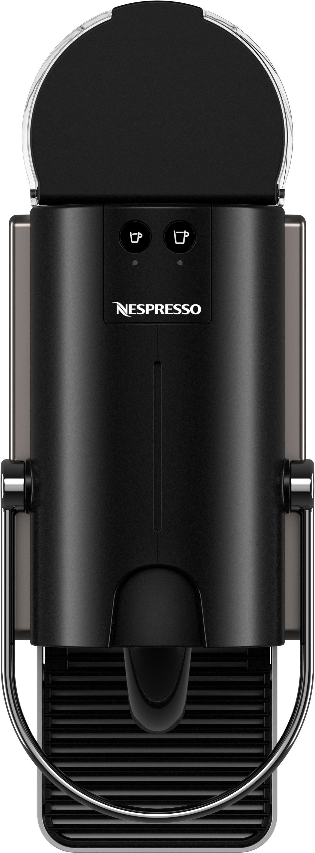 Macchina Nespresso nera, vista dall'alto, con due pulsanti.