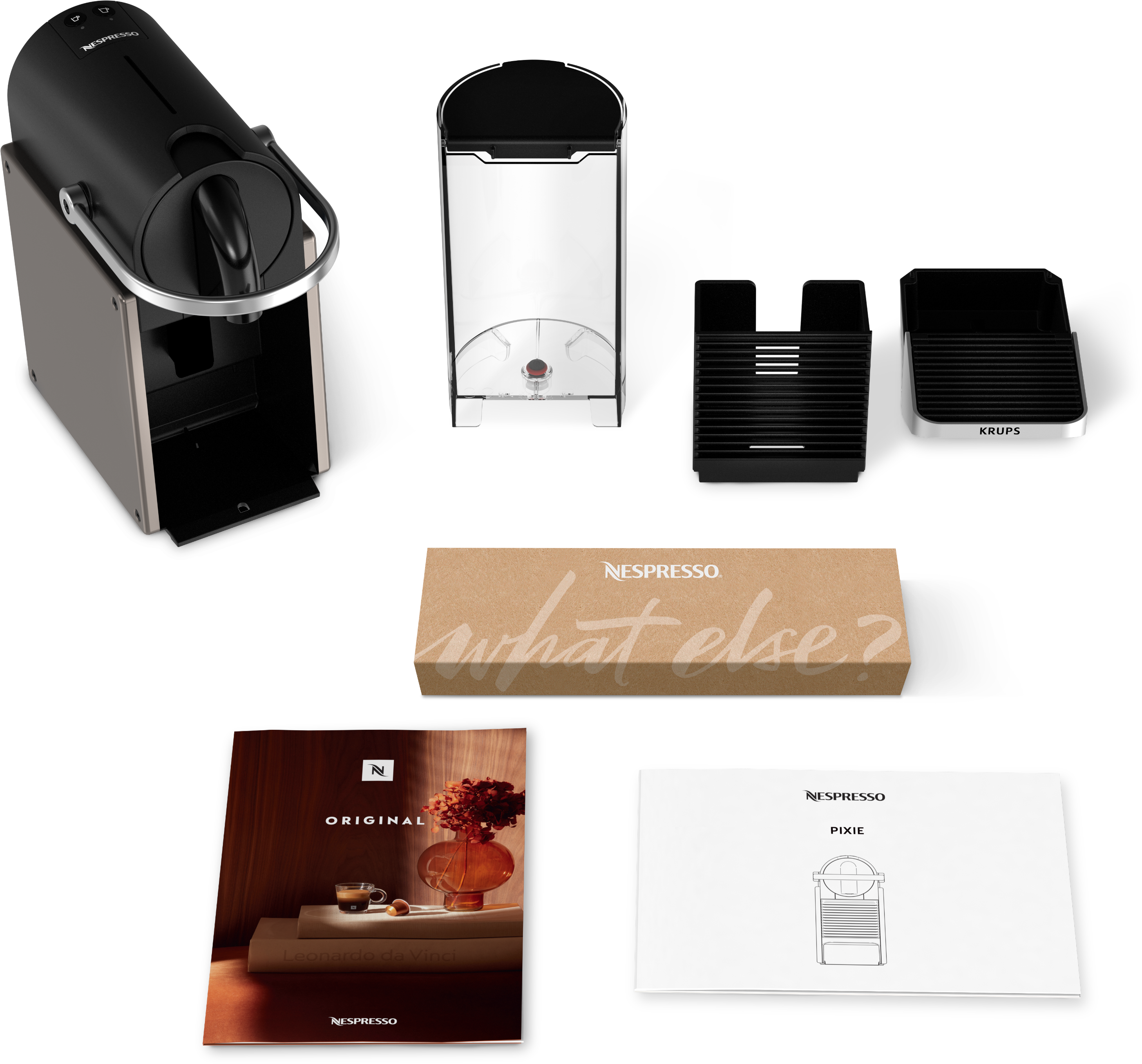 Una macchina Nespresso Pixie e accessori. Include un serbatoio dell'acqua, una scatola di capsule e manuali.