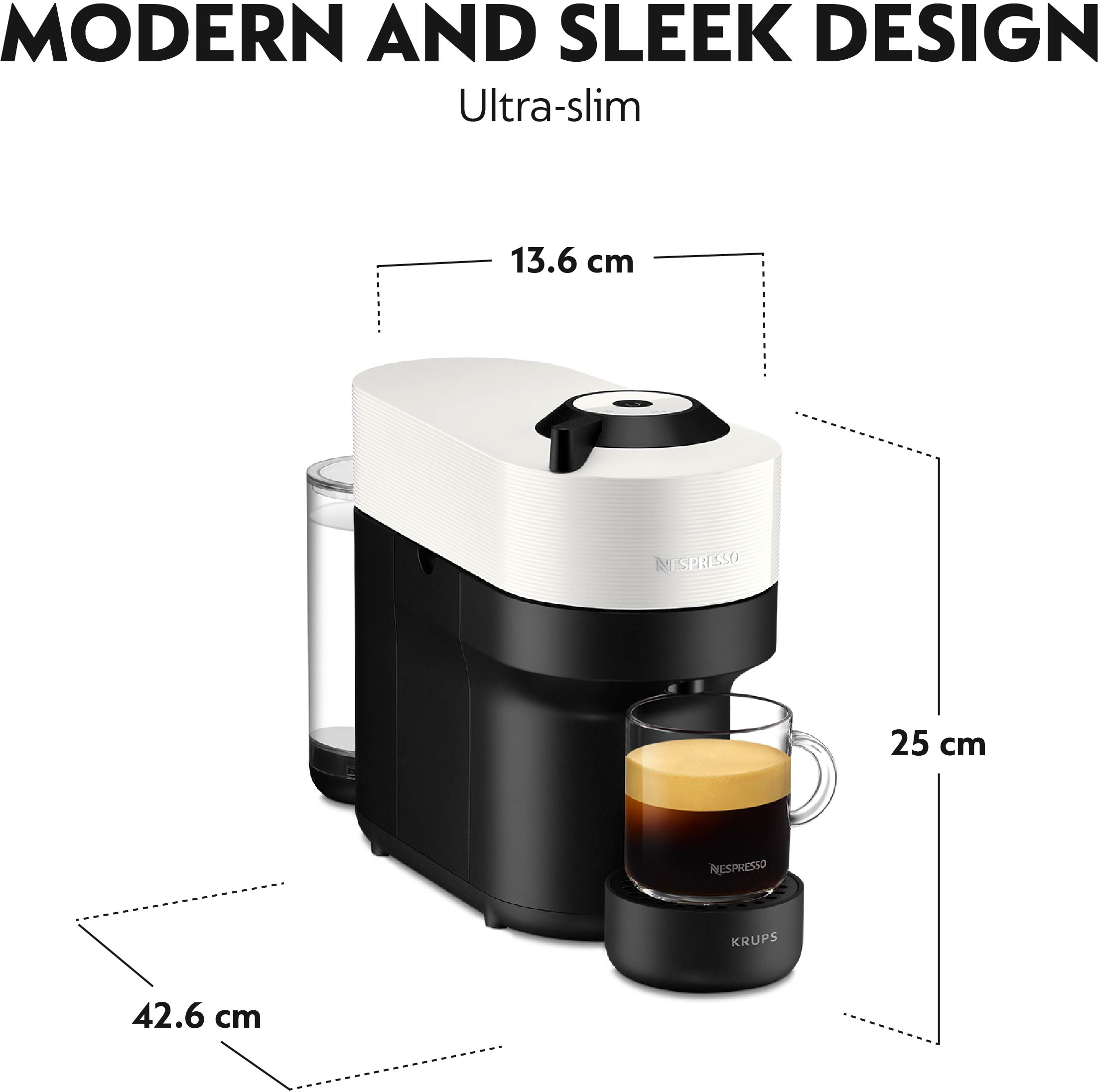 Macchina Nespresso bianca e nera con serbatoio dell'acqua e caffè in un bicchiere.
