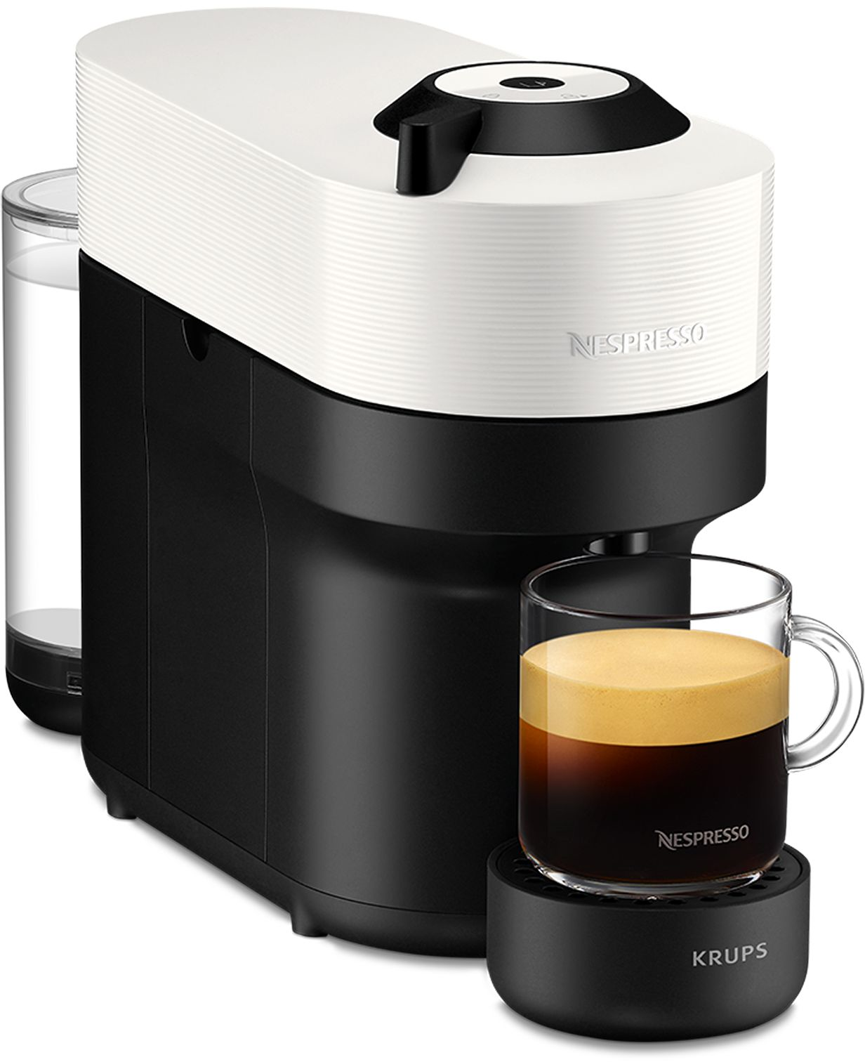 Macchina da caffè Nespresso bianca e nera con tazza di caffè.